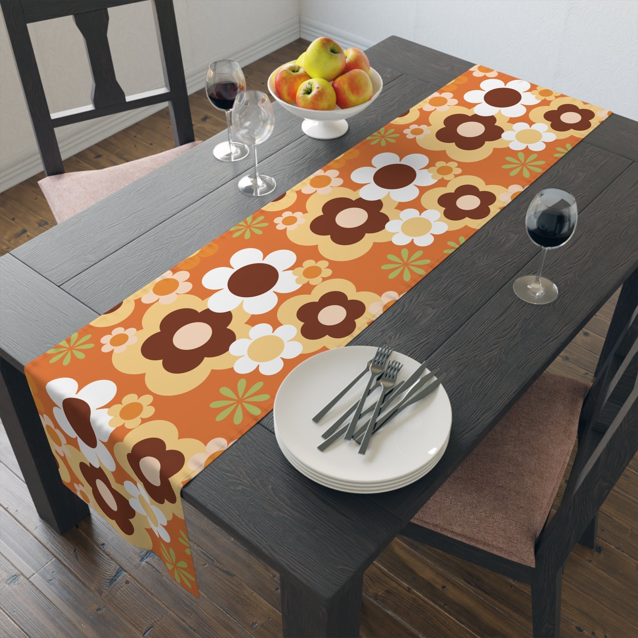 Kate McEnroe New York Groovy Flower Power Retro 70s Table Runner, Mid Century Modern Orange Green Brown Dining AccentTable Runners28397811416194739245