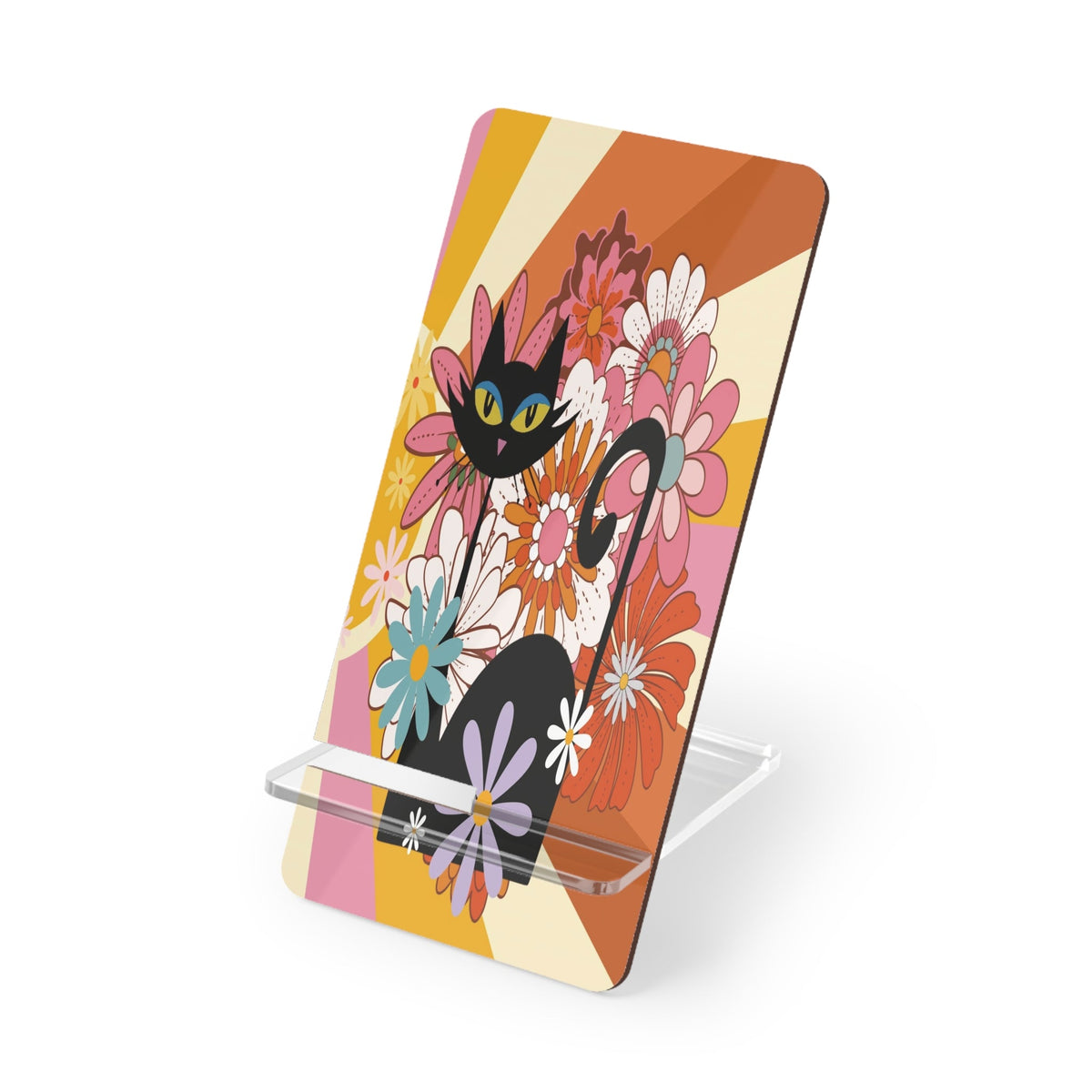Kate McEnroe New York Groovy Hippie Atomic Cat Flower Power Phone Stand, MCM Smartphone Holder, 70s Mod Desk AccessoryMobile Phone Stands19405297922855648265