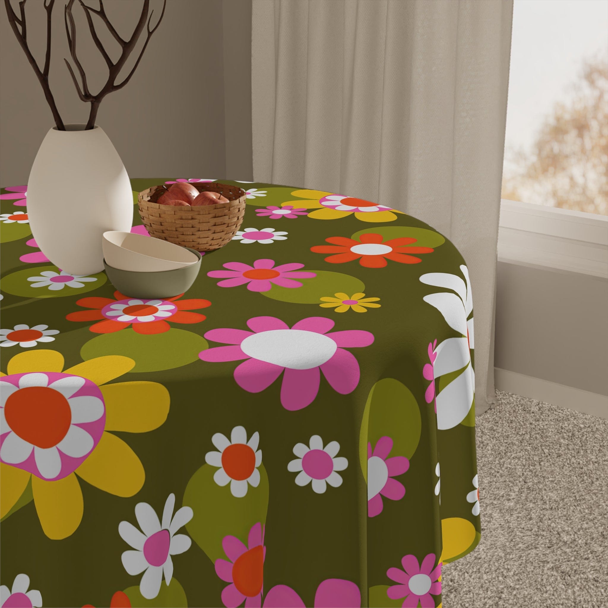 Kate McEnroe New York Groovy Hippie Daisy Flower Power Tablecloth, Retro Mid Mod Floral Table Linen, Mid Century Dining Table DecorTablecloths16165494938854854770