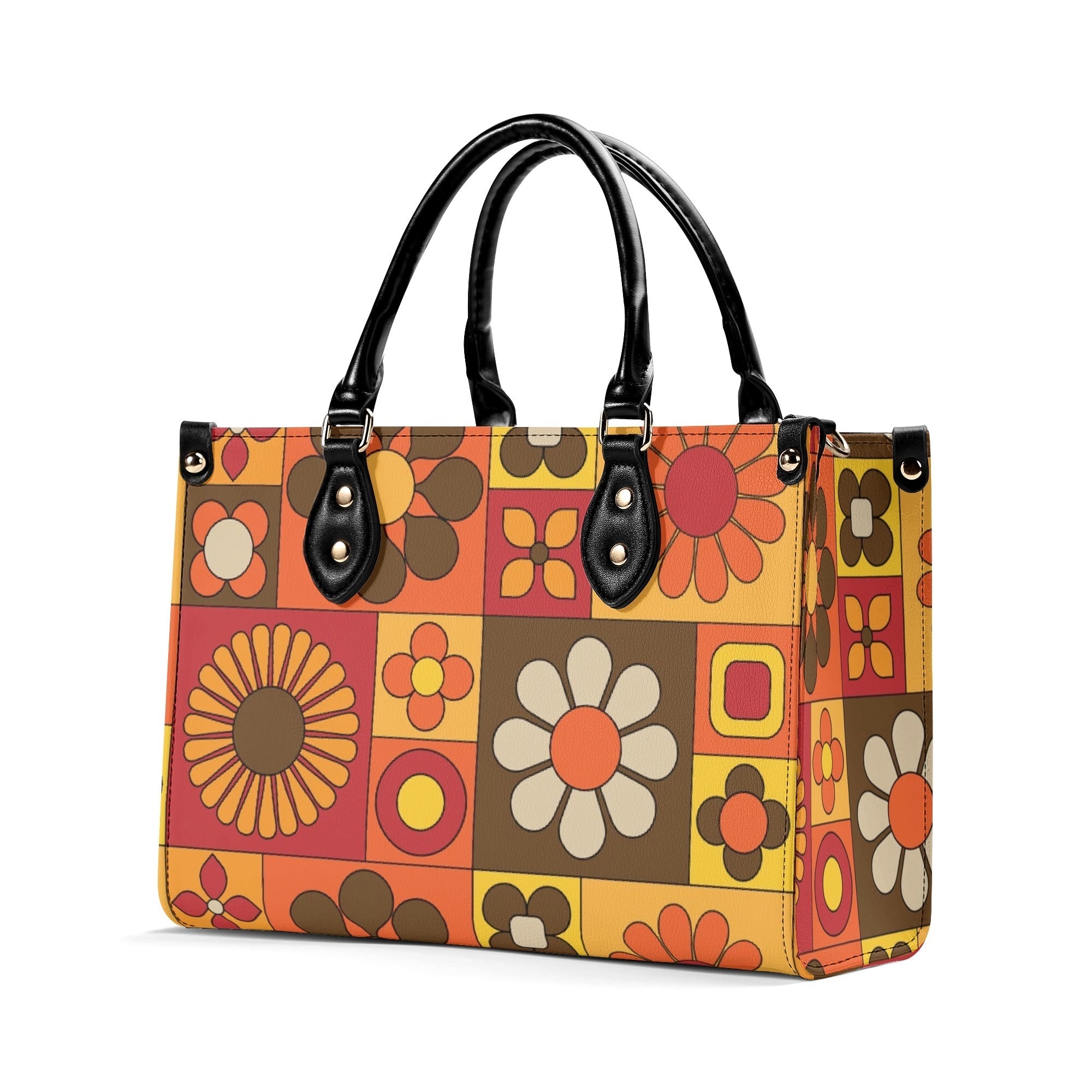 Kate McEnroe New York Groovy Hippie Mod Daisy Block Satchel, 60s Mid Century Modern Retro Floral Handbag Orange Yellow BrownHandbagsW39XQE1W - 1