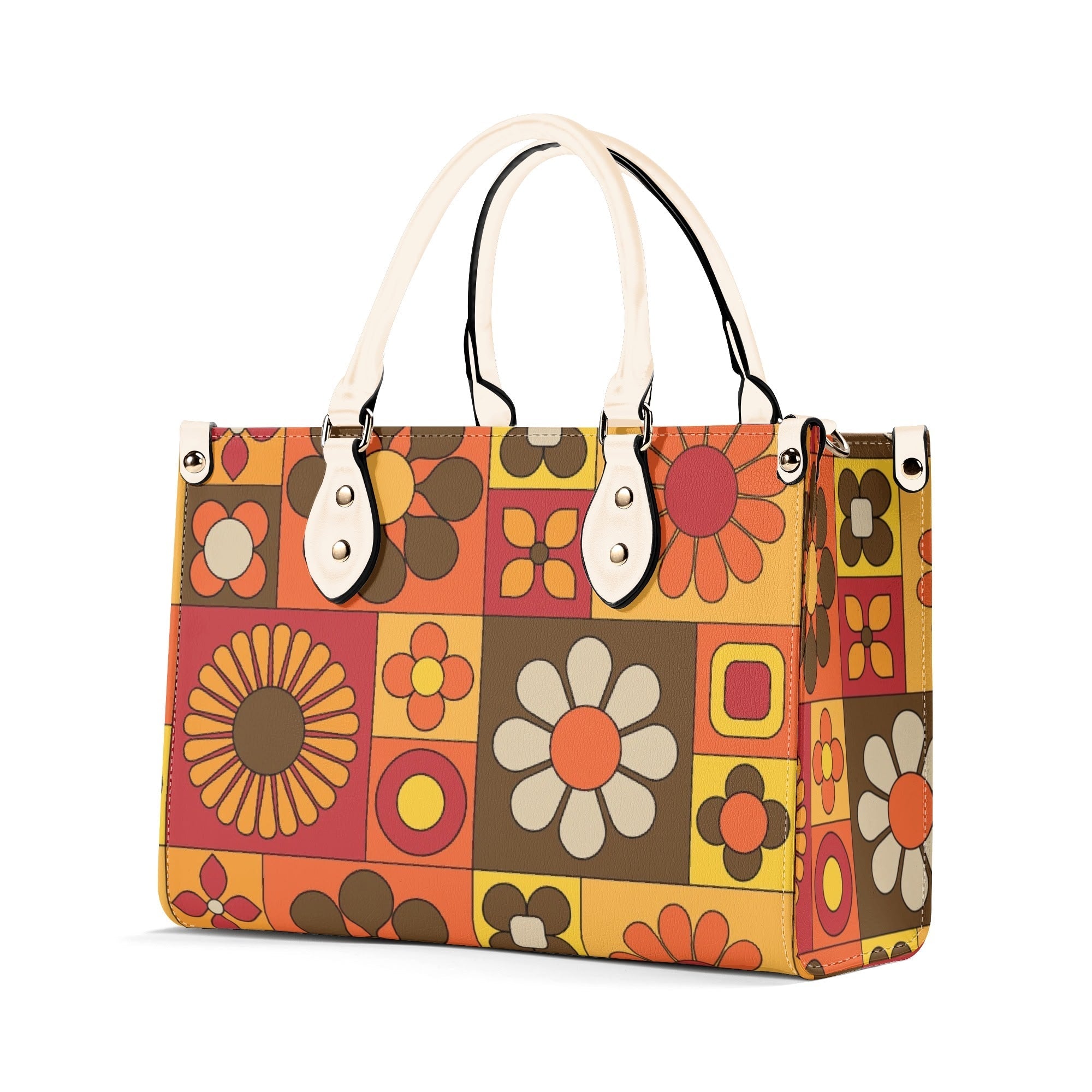 Kate McEnroe New York Groovy Hippie Mod Daisy Block Satchel, 60s Mid Century Modern Retro Floral Handbag Orange Yellow BrownHandbagsW39XQE1W - 1