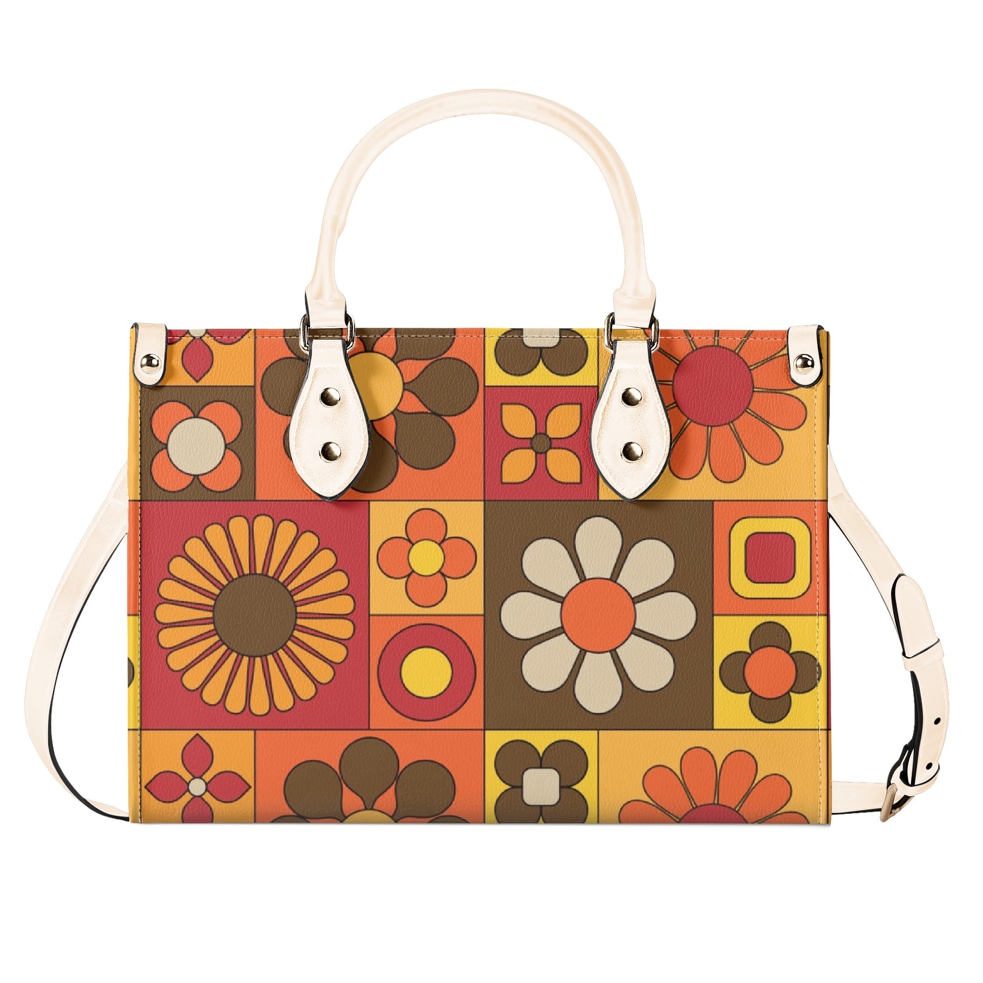 Kate McEnroe New York Groovy Hippie Mod Daisy Block Satchel, 60s Mid Century Modern Retro Floral Handbag Orange Yellow BrownHandbagsW39XQE1W - 1