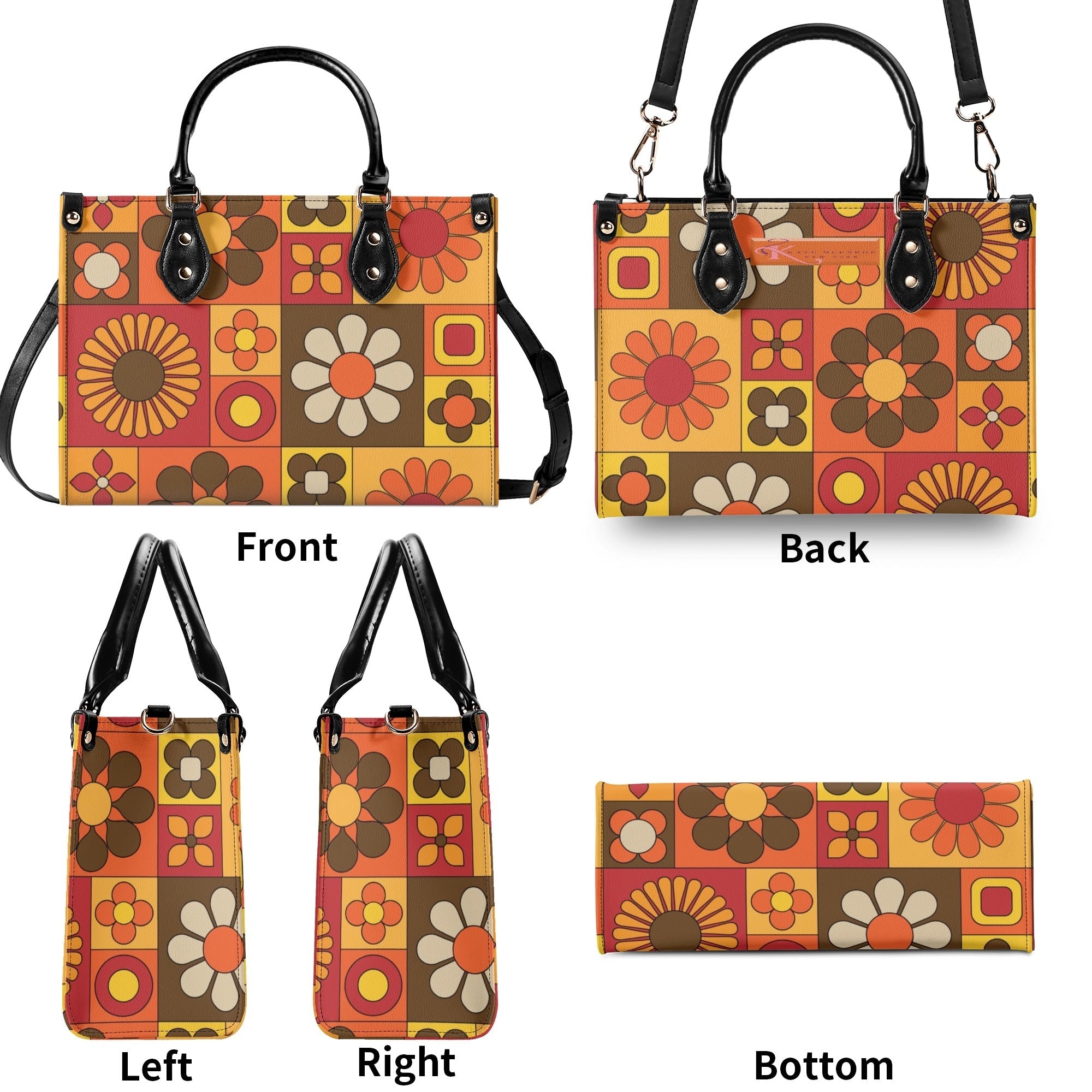 Kate McEnroe New York Groovy Hippie Mod Daisy Block Satchel, 60s Mid Century Modern Retro Floral Handbag Orange Yellow BrownHandbagsW39XQE1W - 1