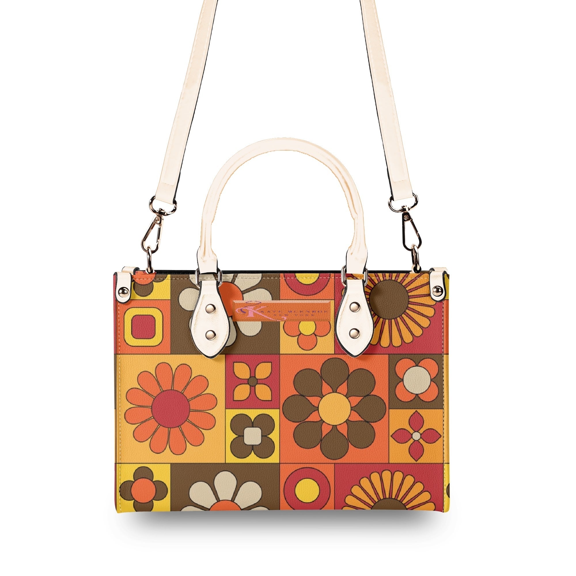 Kate McEnroe New York Groovy Hippie Mod Daisy Block Satchel, 60s Mid Century Modern Retro Floral Handbag Orange Yellow BrownHandbagsW39XQE1W - 1