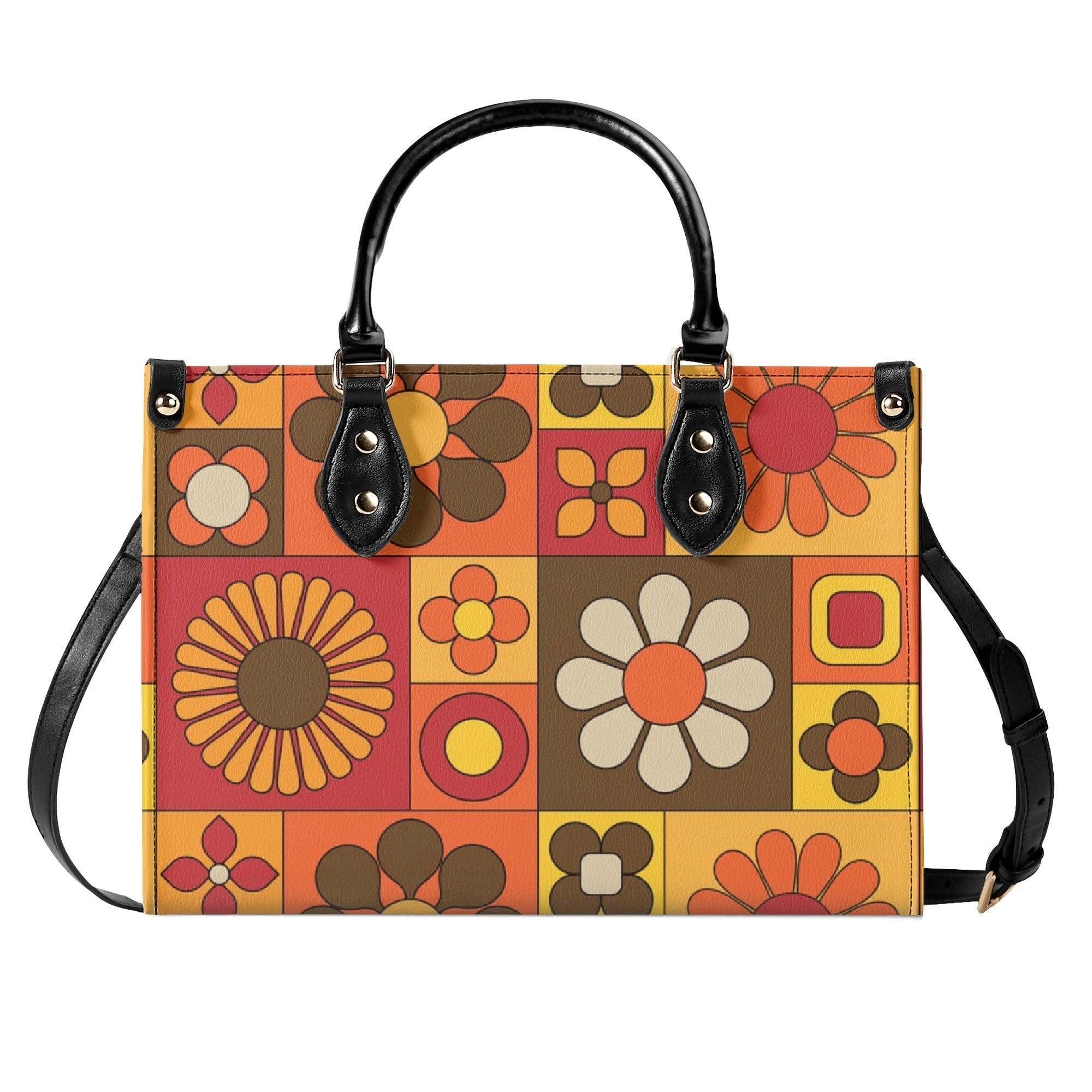 Kate McEnroe New York Groovy Hippie Mod Daisy Block Satchel, 60s Mid Century Modern Retro Floral Handbag Orange Yellow BrownHandbagsW39XQE1W - 1