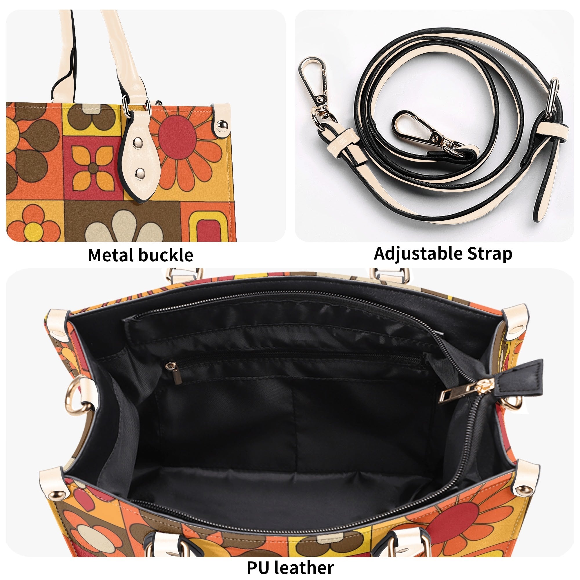 Kate McEnroe New York Groovy Hippie Mod Daisy Block Satchel, 60s Mid Century Modern Retro Floral Handbag Orange Yellow BrownHandbagsW39XQE1W - 1