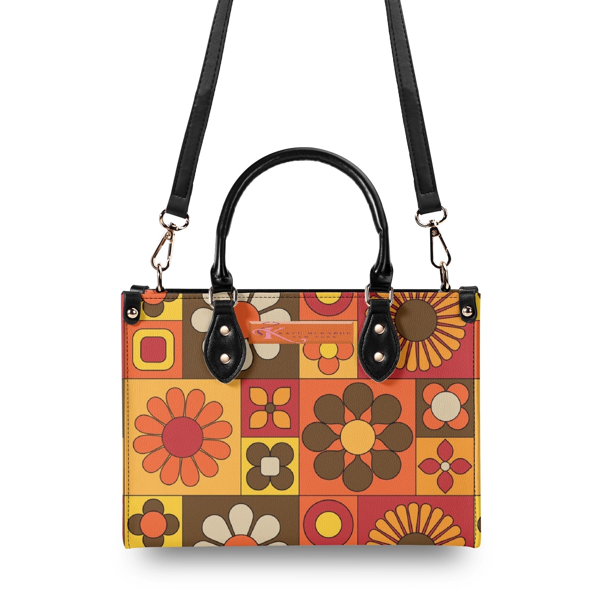 Kate McEnroe New York Groovy Hippie Mod Daisy Block Satchel, 60s Mid Century Modern Retro Floral Handbag Orange Yellow BrownHandbagsW39XQE1W - 1