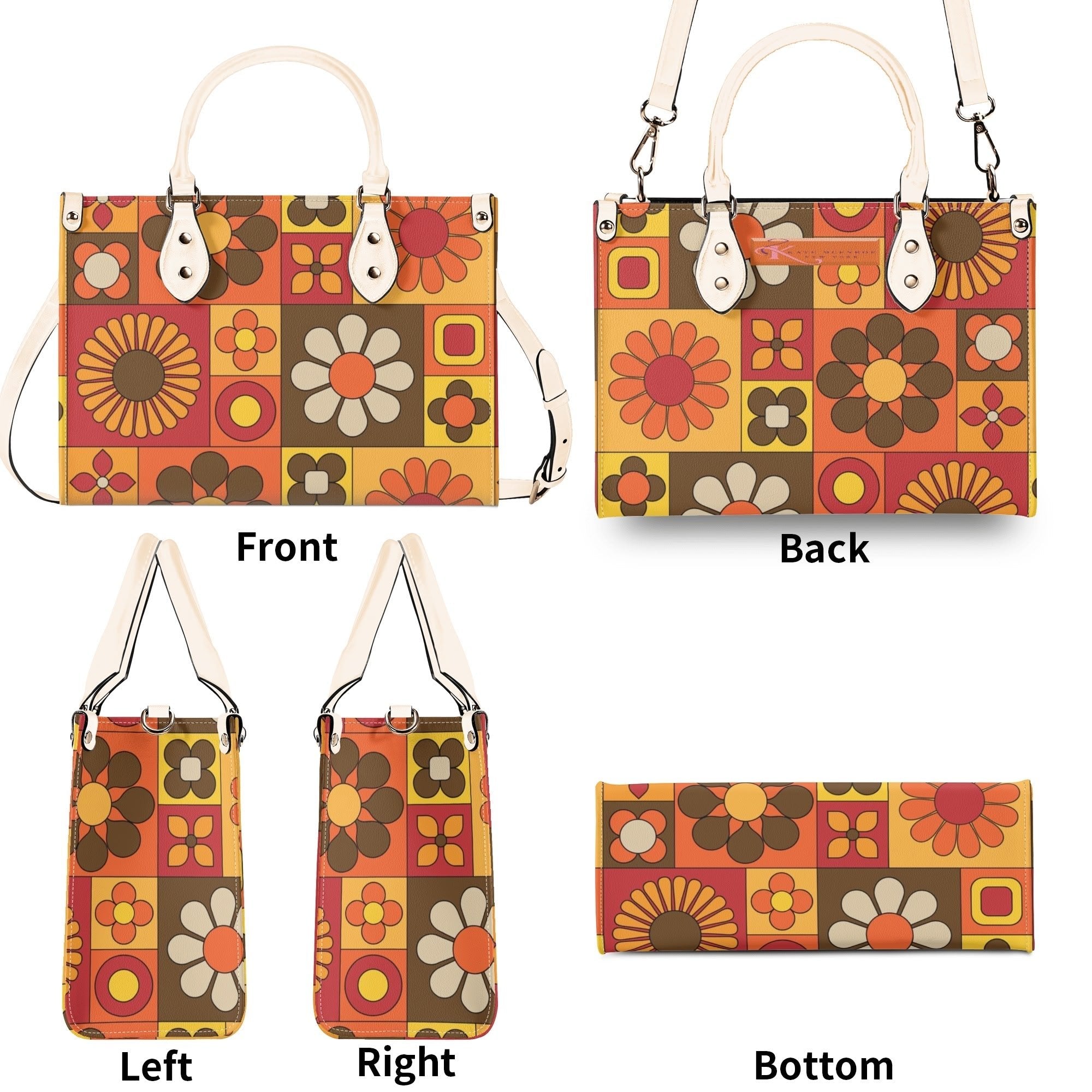 Kate McEnroe New York Groovy Hippie Mod Daisy Block Satchel, 60s Mid Century Modern Retro Floral Handbag Orange Yellow BrownHandbagsW39XQE1W - 1