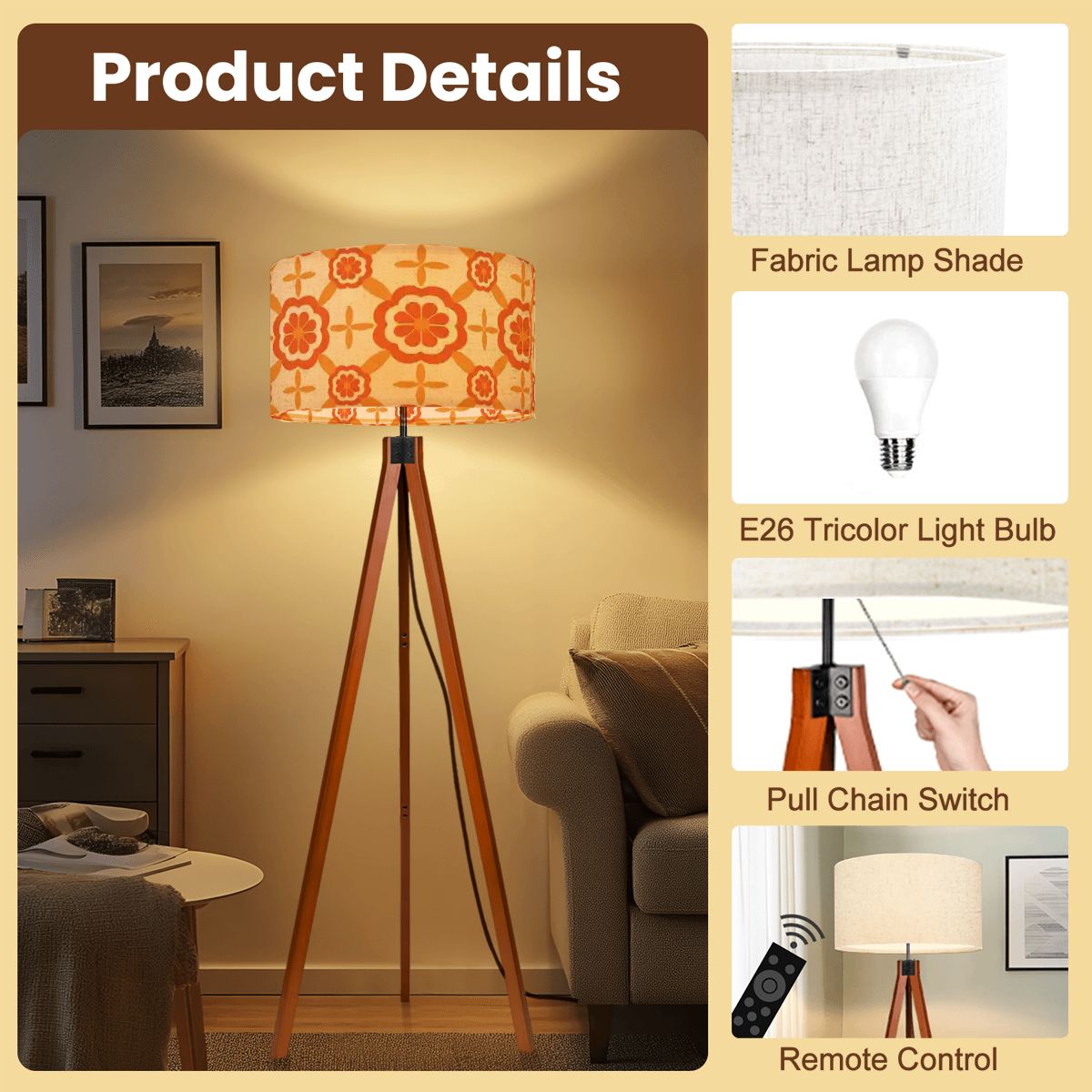 Kate McEnroe New York Groovy Mid Mod Floral Tripod Floor Lamp, Retro 70s Flower Power Drum Shade LightTripod Floor Lampsrhr1aI9eVe