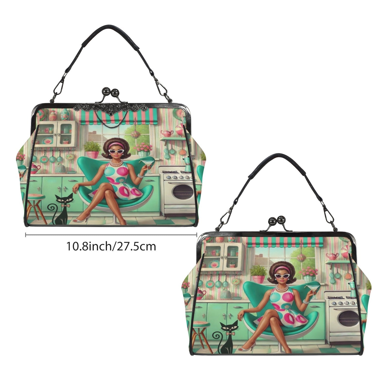 Kate McEnroe New York Groovy Retro 60s Kitsch Mod Girl Atomic Cat Kiss Lock HandbagCrossbody BagsD3379449