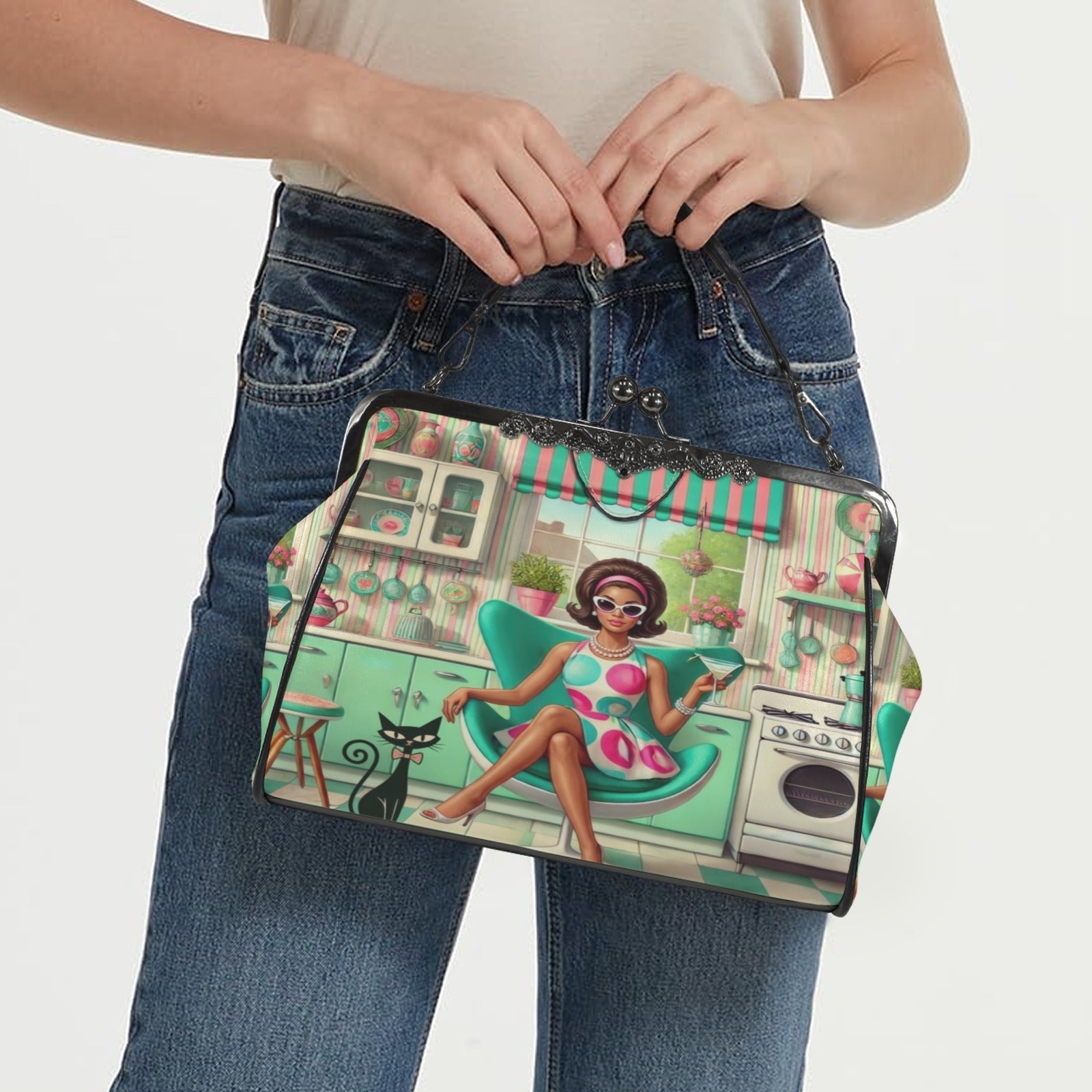 Kate McEnroe New York Groovy Retro 60s Kitsch Mod Girl Atomic Cat Kiss Lock HandbagCrossbody BagsD3379449