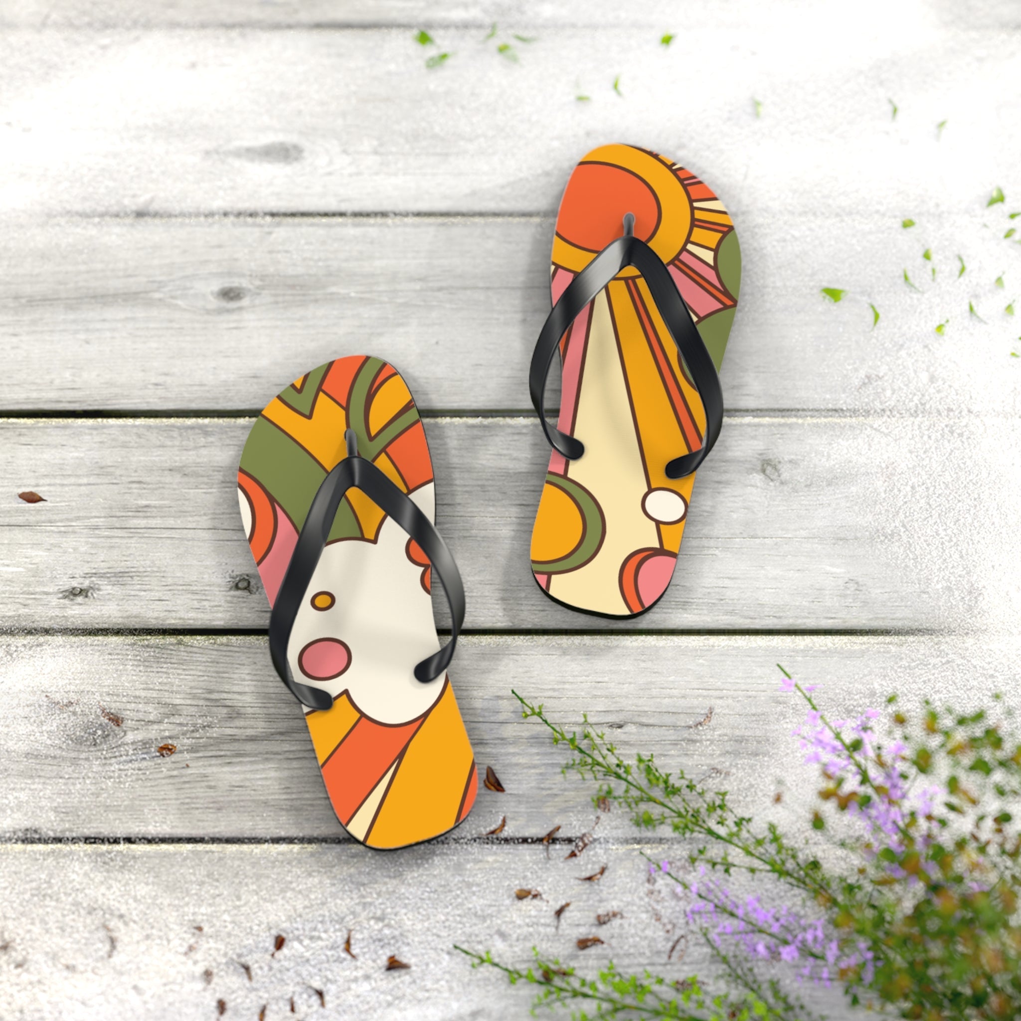 Kate McEnroe New York Groovy Sunshine 70s Flip Flops, Boho Sunburst Beach SandalsFlip Flops24380119764764566400