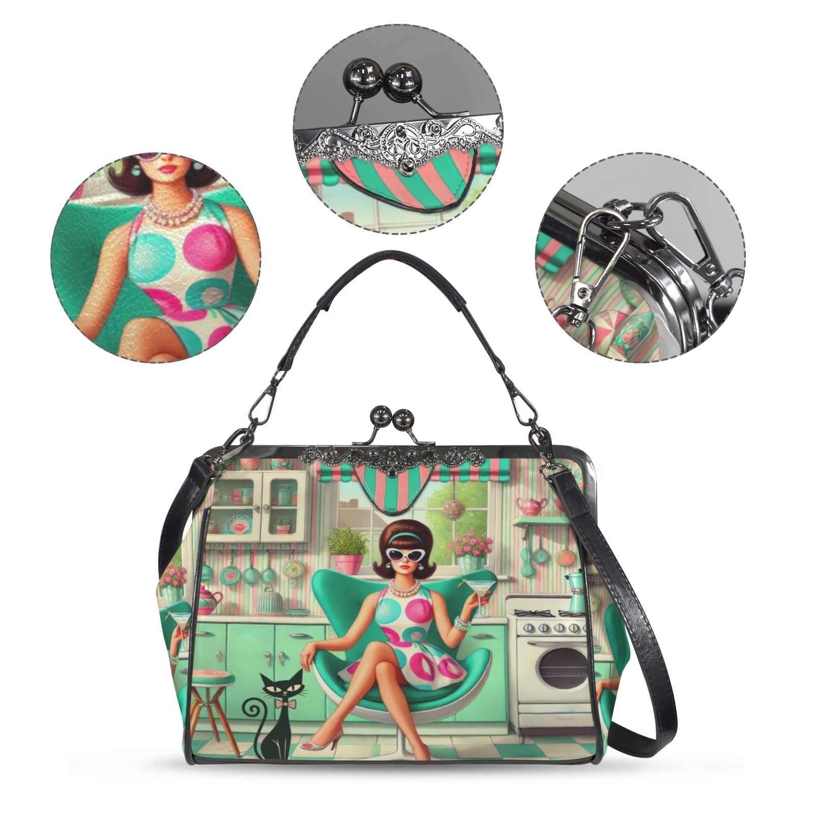 Kate McEnroe New York Groovy Vintage 60s Kitsch Kisslock Purse, Atomic Cat Mod Girl Cocktail Egg Chair HandbagCrossbody BagsD3261108