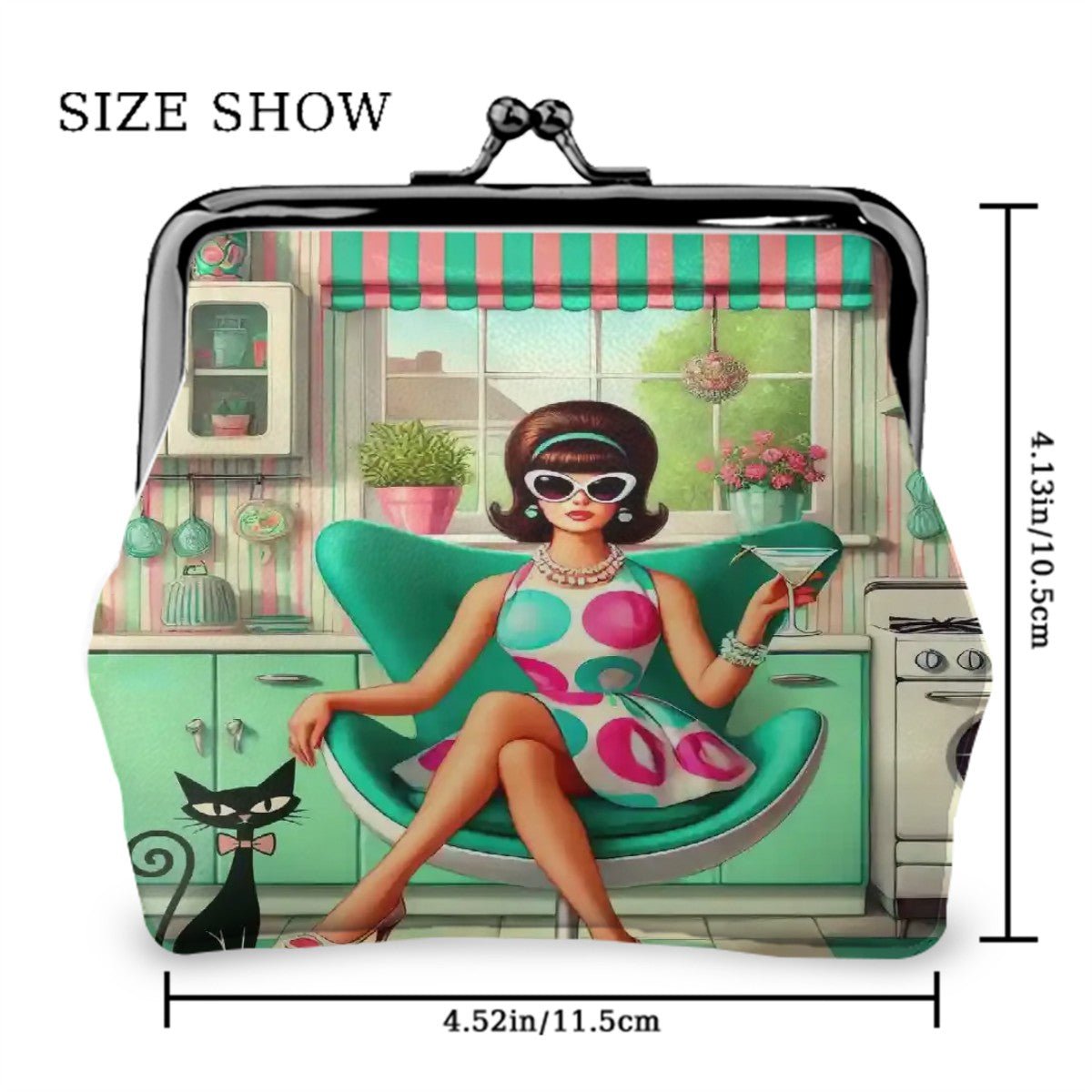 Kate McEnroe New York Groovy Vintage Kitsch Coin Purse, Atomic Cat 60s Kitchen Scene, Retro Pastel Mod Girl Cocktail Egg Chair WalletCoin PursespFSafWK2Gt