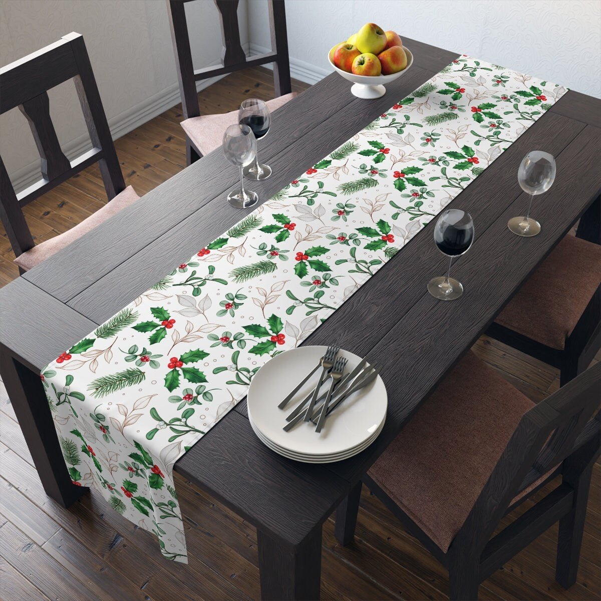 Kate McEnroe New York Holiday Table Runner, Christmas Table Runner, Evergreen and Holly Berries Table Linens, Farmhouse Table Decor, Holiday Party Tabletop DecorTable Runners19281433963610912210