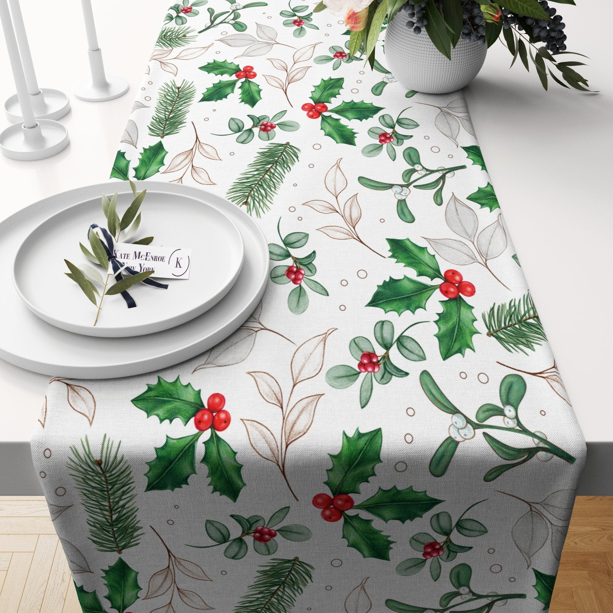 Kate McEnroe New York Holiday Table Runner, Christmas Table Runner, Evergreen and Holly Berries Table Linens, Farmhouse Table Decor, Holiday Party Tabletop DecorTable Runners19281433963610912210