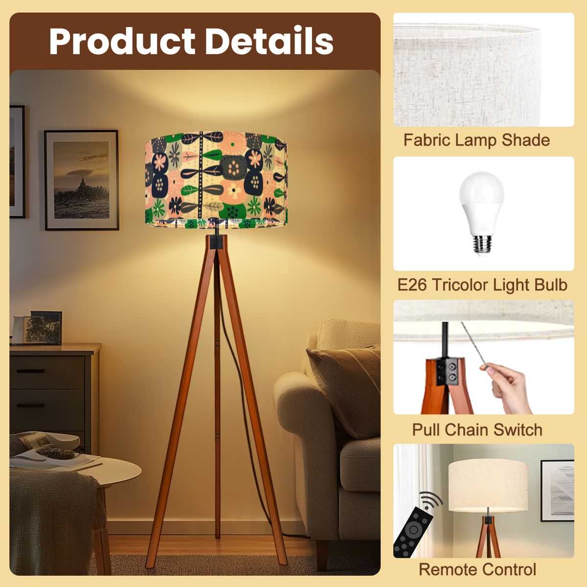 Kate McEnroe New York Hygge Mid Century Modern Tripod Floor Lamp, Scandinavian Danish Modern Retro Floral LightFloor LampsPFKQKKAD7W