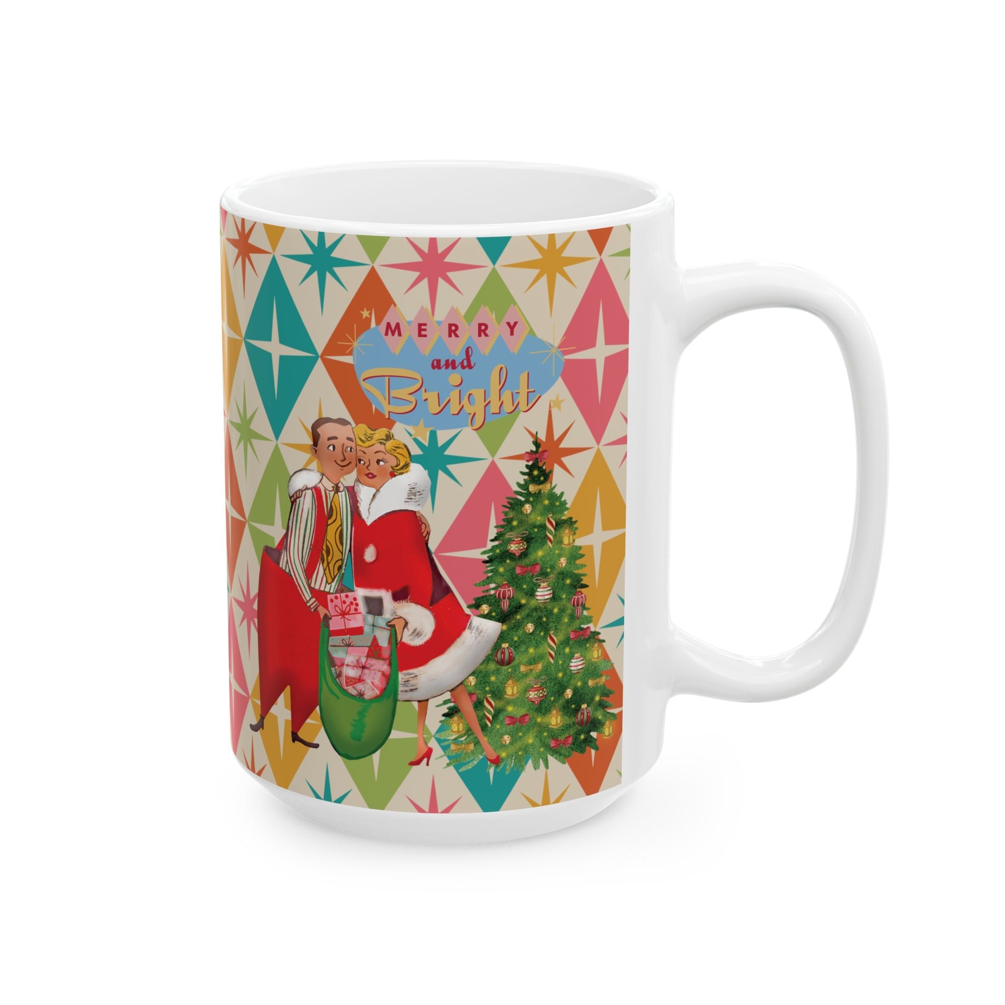 Kate McEnroe New York Jolly Retro Holiday Mug, 50s Festive Cheer, Merry and Bright Coffee Cup, Vintage Christmas Drinkware, Mid Mod Couple Starburst DesignMugs28734568885261925341