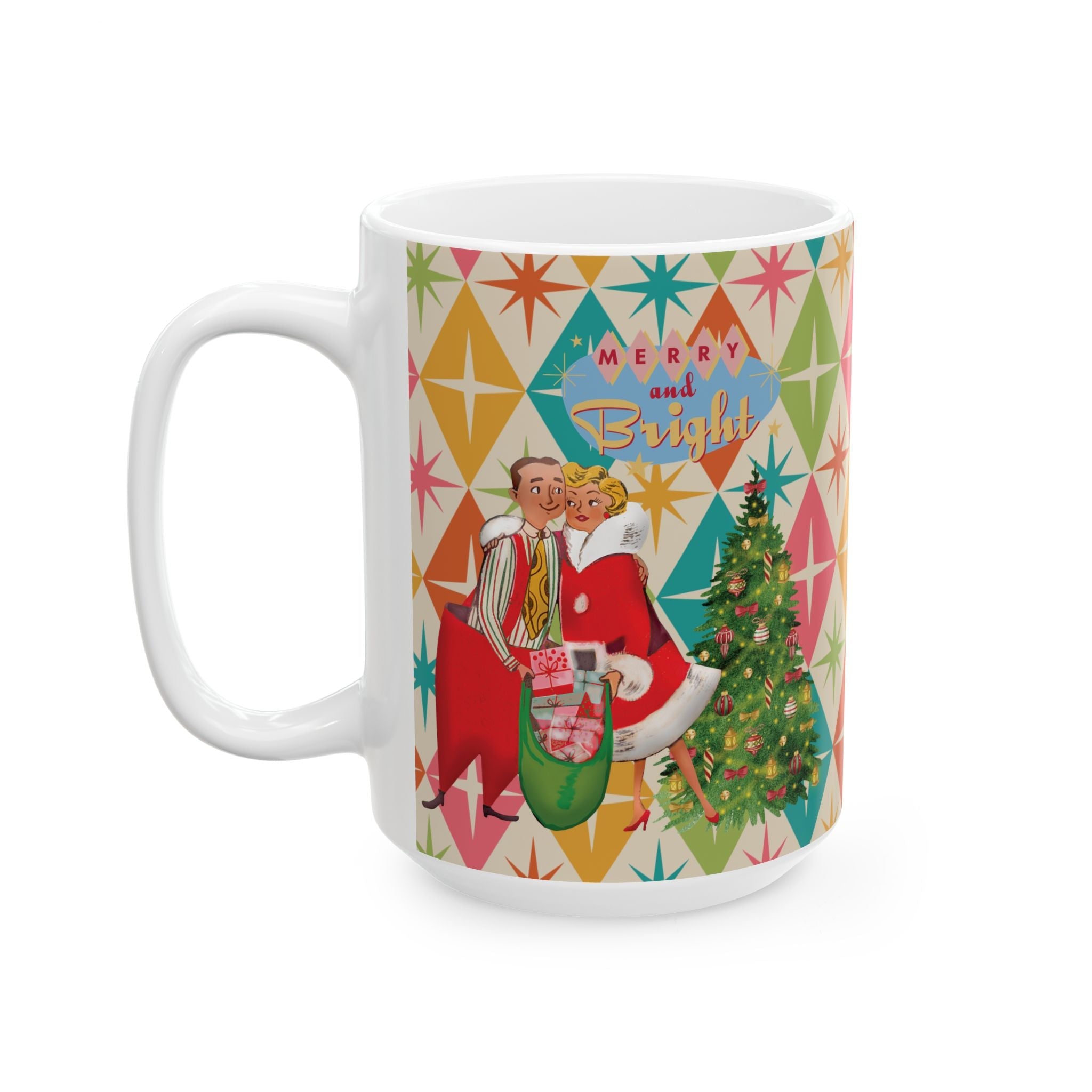 Kate McEnroe New York Jolly Retro Holiday Mug, 50s Festive Cheer, Merry and Bright Coffee Cup, Vintage Christmas Drinkware, Mid Mod Couple Starburst DesignMugs28734568885261925341