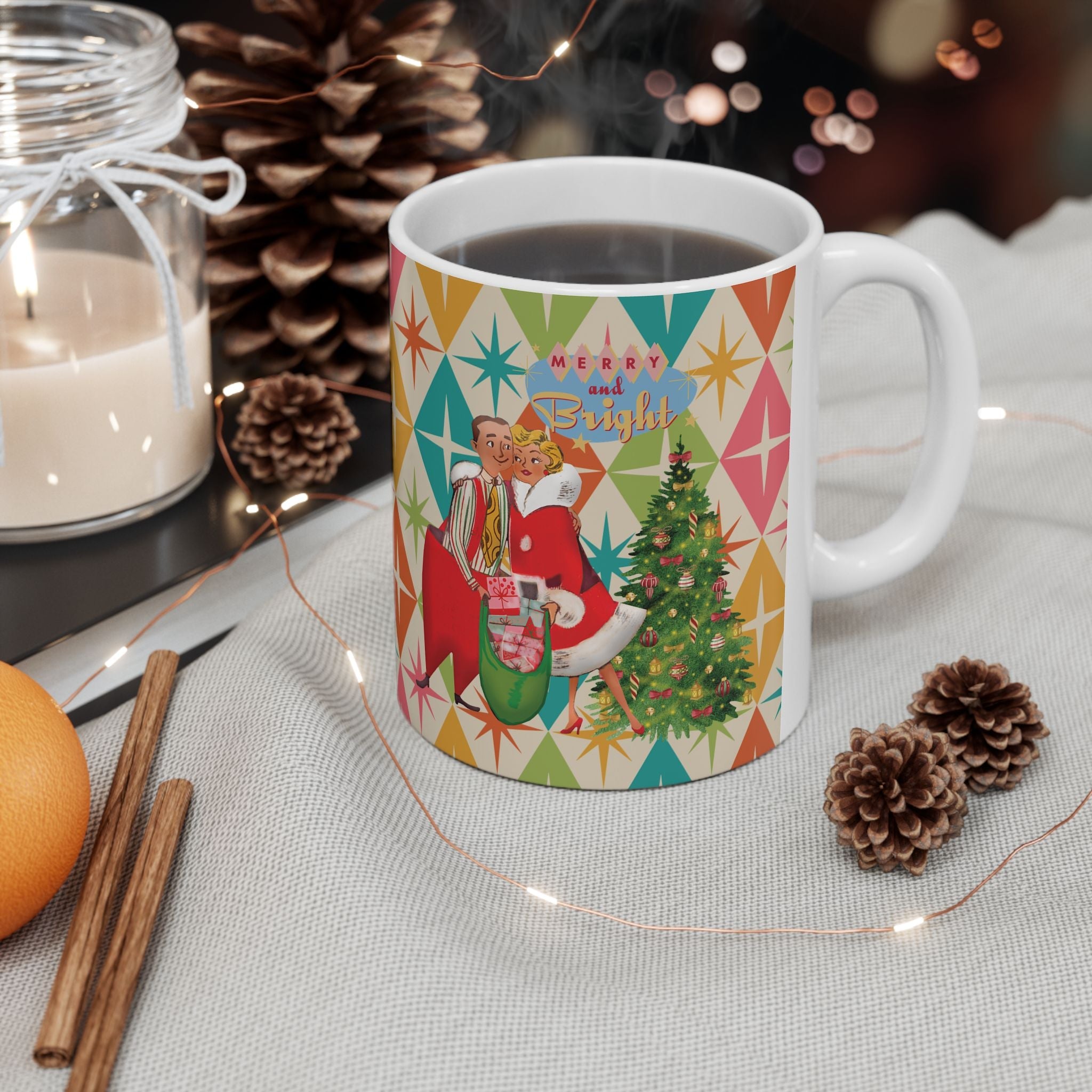 Kate McEnroe New York Jolly Retro Holiday Mug, 50s Festive Cheer, Merry and Bright Coffee Cup, Vintage Christmas Drinkware, Mid Mod Couple Starburst DesignMugs28734568885261925341