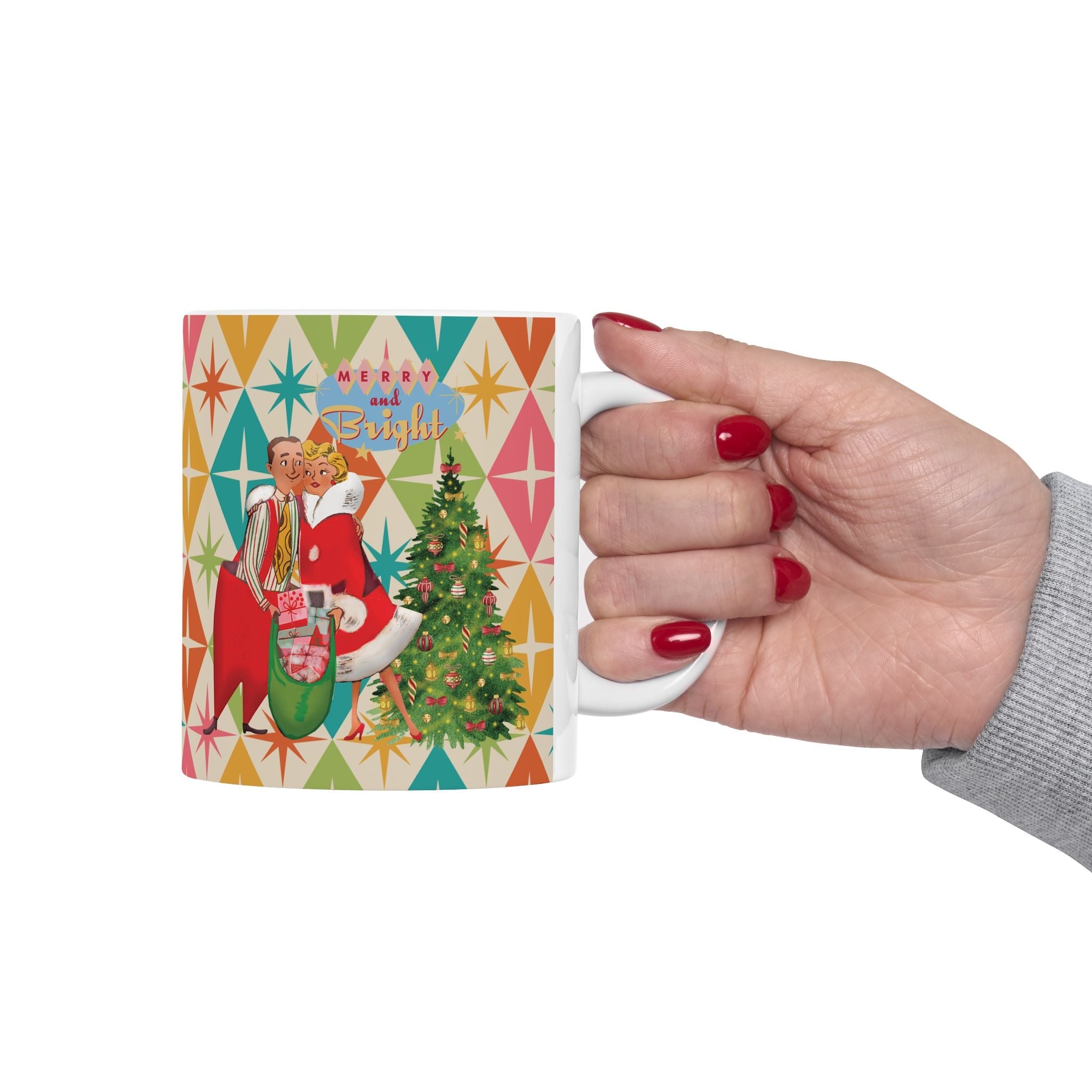 Kate McEnroe New York Jolly Retro Holiday Mug, 50s Festive Cheer, Merry and Bright Coffee Cup, Vintage Christmas Drinkware, Mid Mod Couple Starburst DesignMugs28734568885261925341