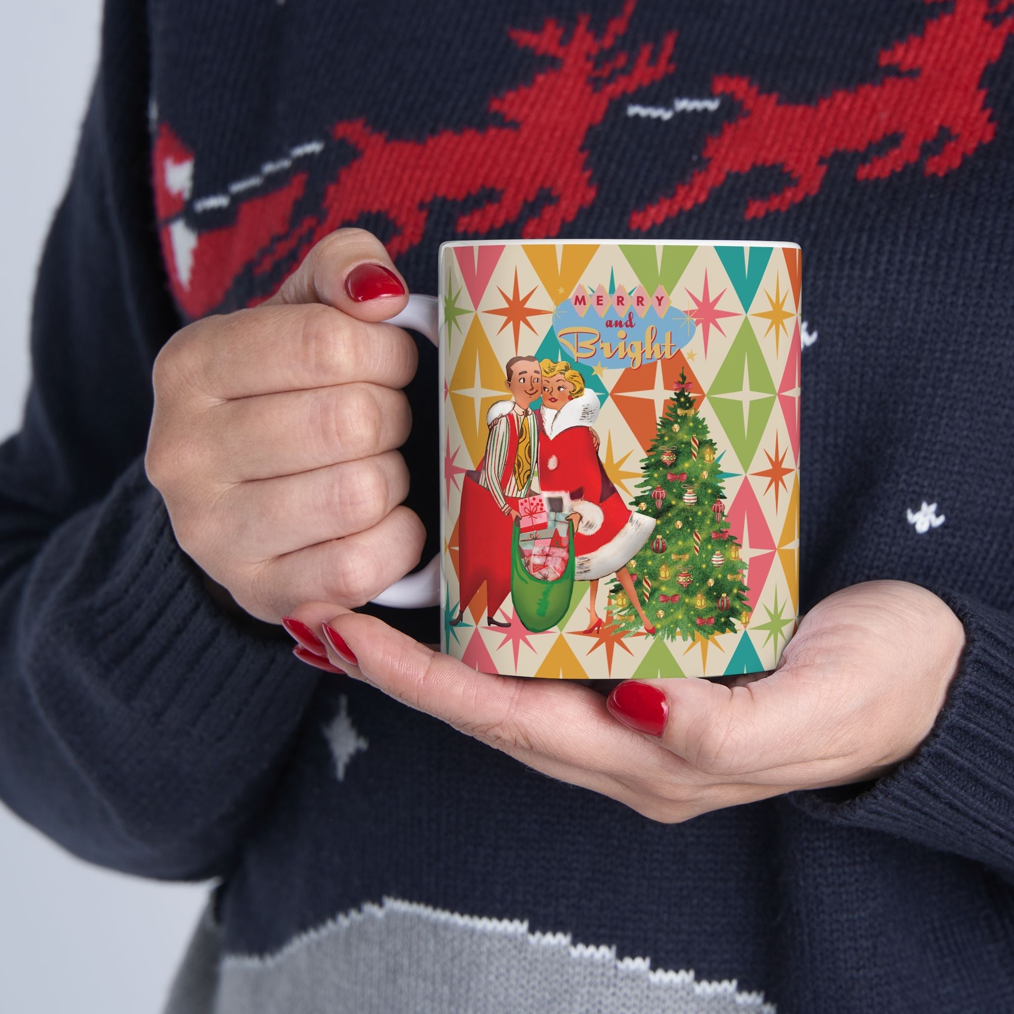 Kate McEnroe New York Jolly Retro Holiday Mug, 50s Festive Cheer, Merry and Bright Coffee Cup, Vintage Christmas Drinkware, Mid Mod Couple Starburst DesignMugs28734568885261925341