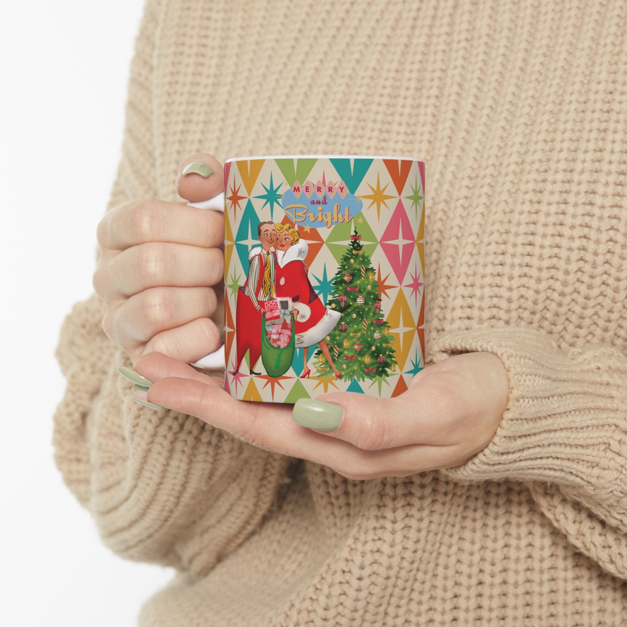 Kate McEnroe New York Jolly Retro Holiday Mug, 50s Festive Cheer, Merry and Bright Coffee Cup, Vintage Christmas Drinkware, Mid Mod Couple Starburst DesignMugs30163426220073345883