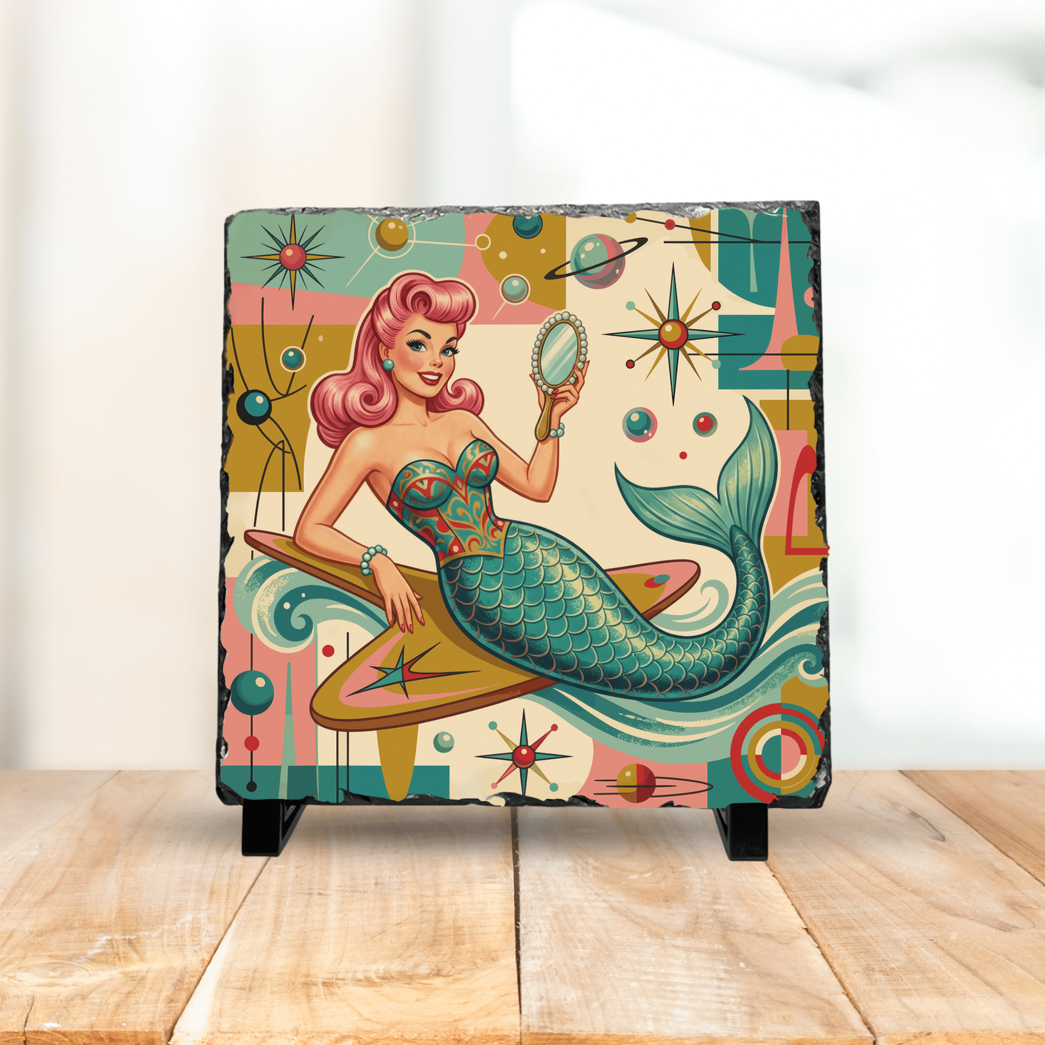Kate McEnroe New York Kitschy 1950s Retro Mermaid Atomic Starburst Slate Desk PlaqueDecorative Plaques28653151239791316237