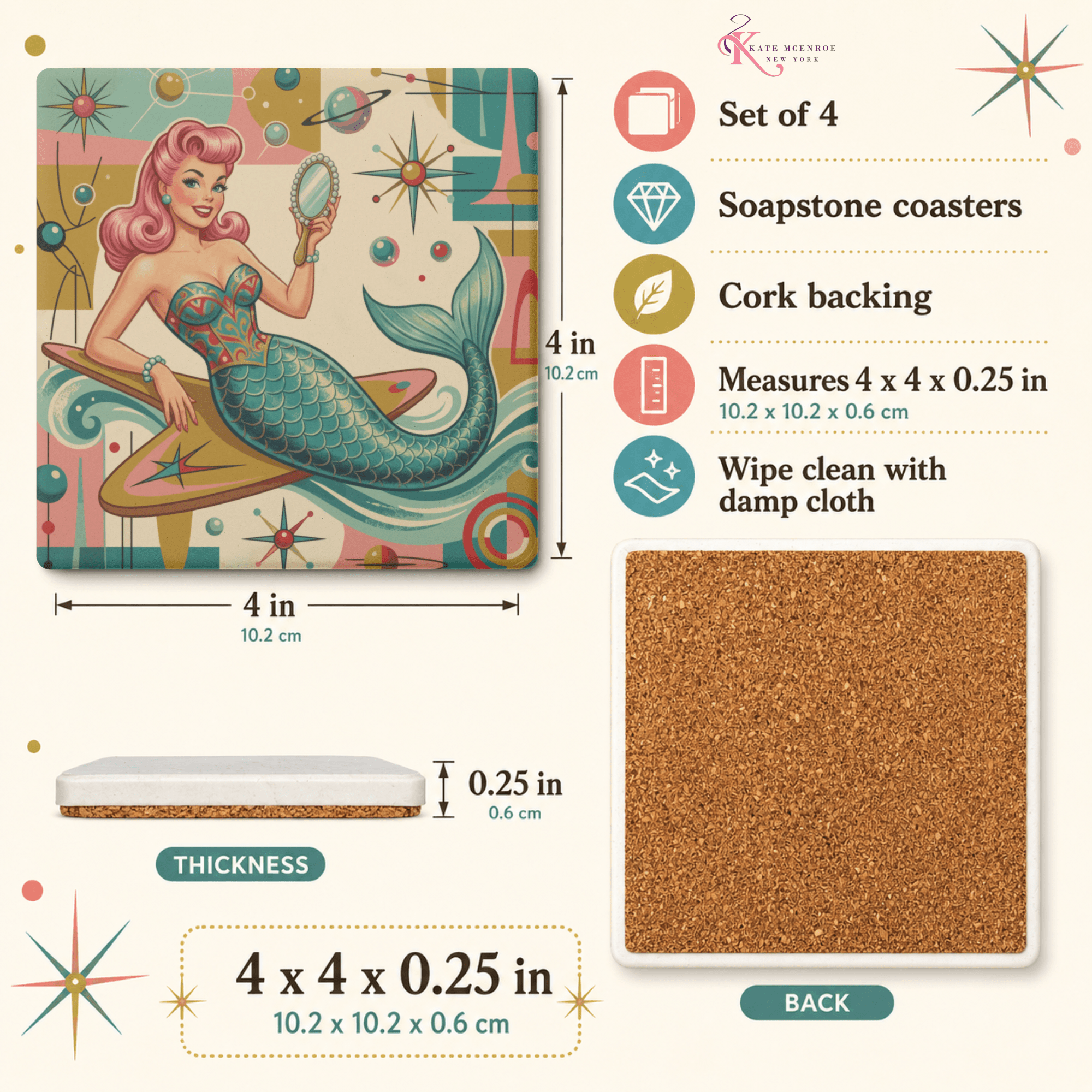 Kate McEnroe New York Kitschy 1950s Retro Mermaid Coasters, Atomic Starburst BarwareCoasters7021