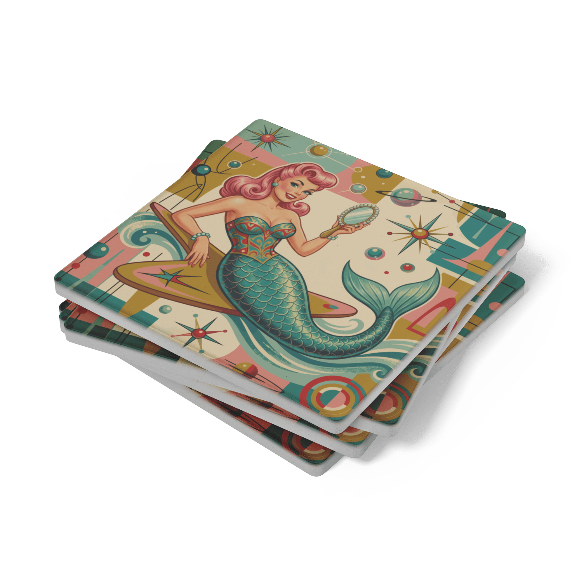 Kate McEnroe New York Kitschy 1950s Retro Mermaid Coasters, Atomic Starburst BarwareCoasters7021