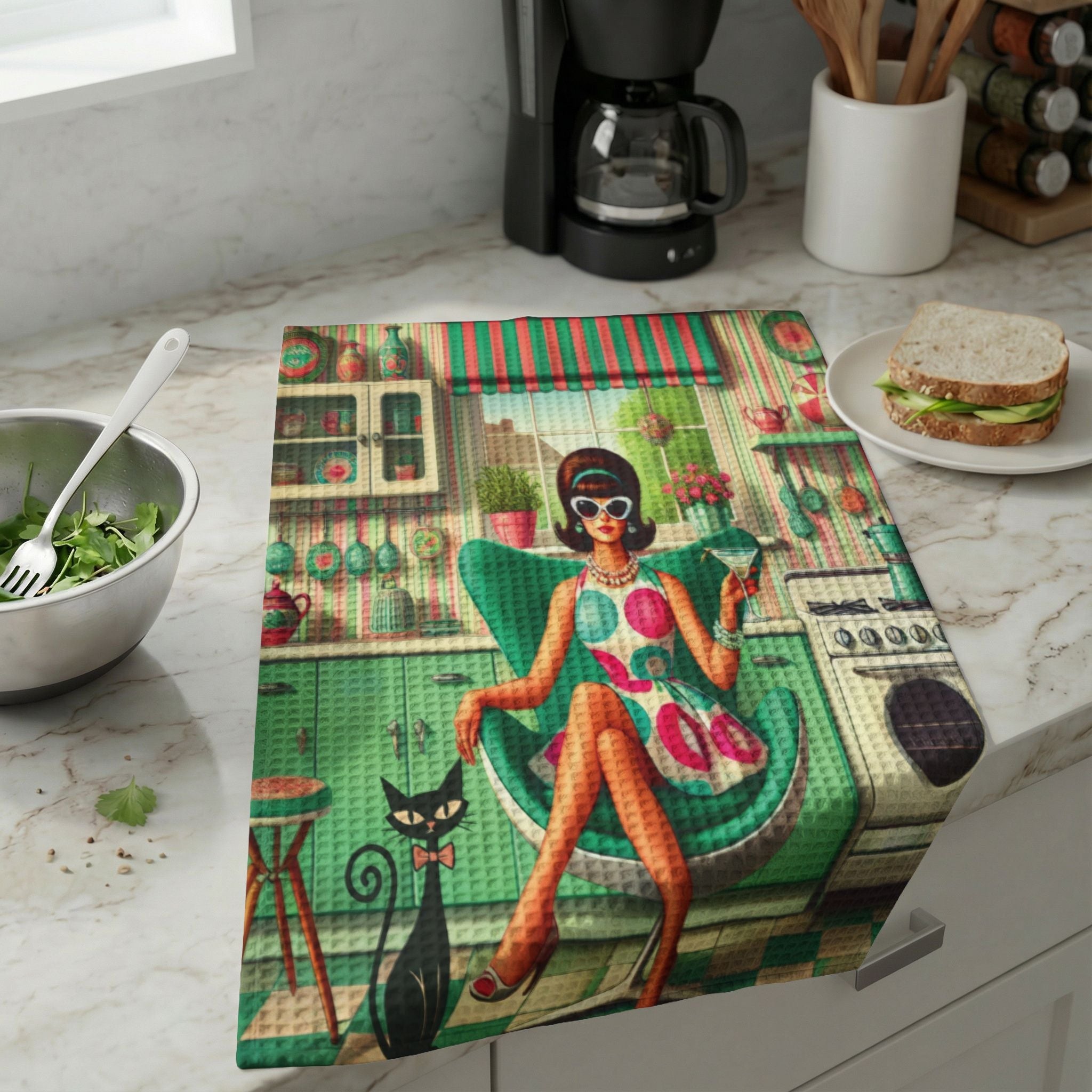 Kate McEnroe New York Kitschy 1960s Mod Girl Kitchen Towel, Atomic Cat Waffle Weave MCMKitchen Towels16191884101030124552