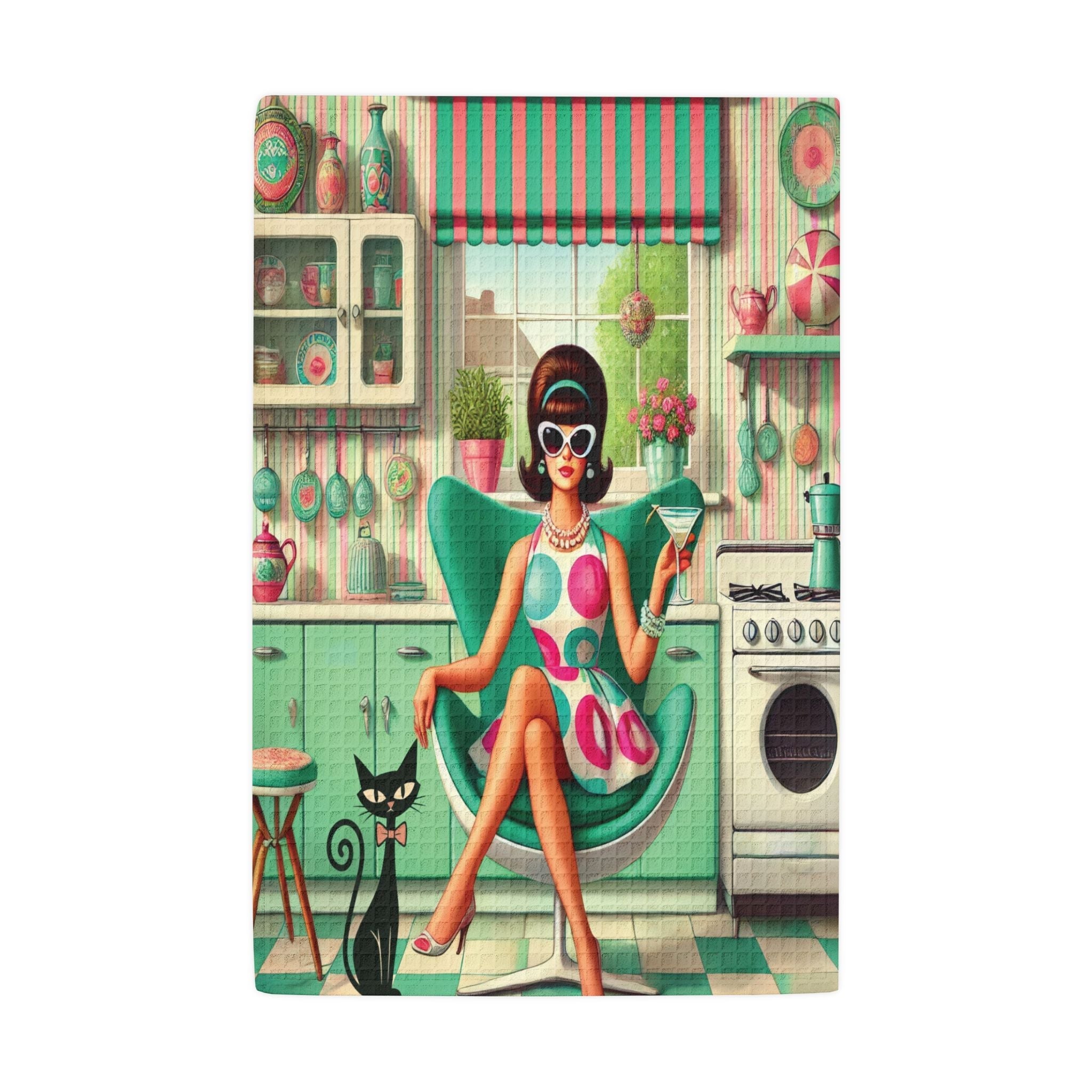 Kate McEnroe New York Kitschy 1960s Mod Girl Kitchen Towel, Atomic Cat Waffle Weave MCMKitchen Towels16191884101030124552