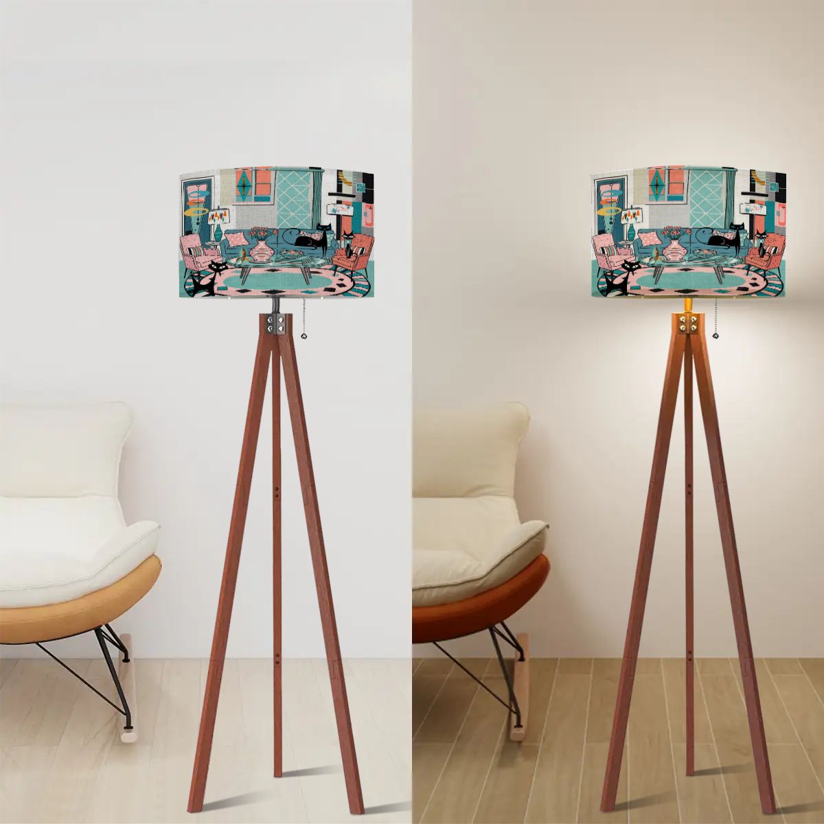 Kate McEnroe New York Kitschy Atomic Cat Lounge Scene Tripod Lamp, Mid Century Modern Floor LightFloor LampsL9oZb4O6V8