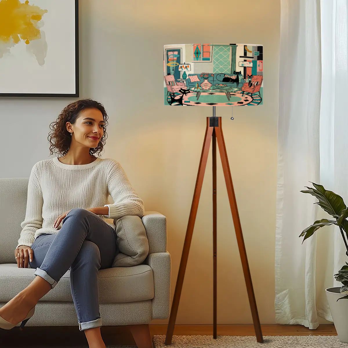 Kate McEnroe New York Kitschy Atomic Cat Lounge Scene Tripod Lamp, Mid Century Modern Floor LightFloor LampsL9oZb4O6V8