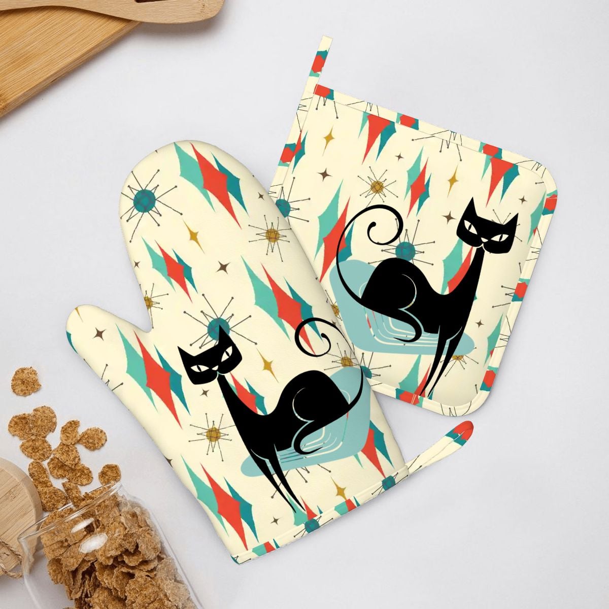 Kate McEnroe New York Kitschy Atomic Cat Right Hand Oven Mitt Set, MCM Kitchen DecorOven Mitts & Pot Holder SetJk1tSBtUPI
