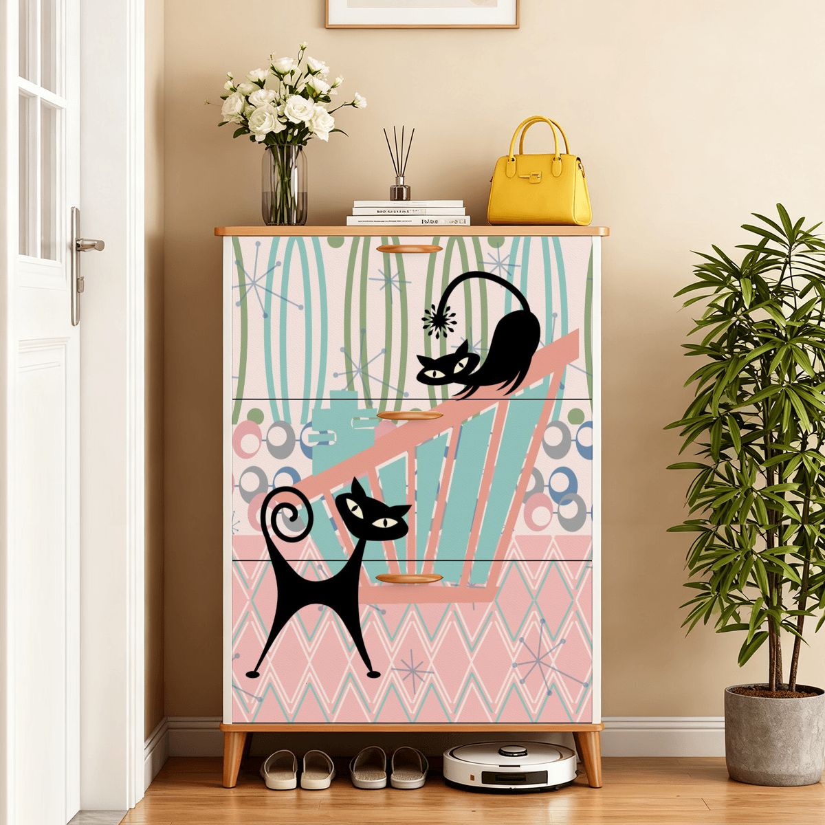 Kate McEnroe New York Kitschy Atomic Cat Shoe Cabinet, Mid Century Modern Retro Organizer, Pink Teal Black MCM StorageShoe StoragejfQTLH0mmc