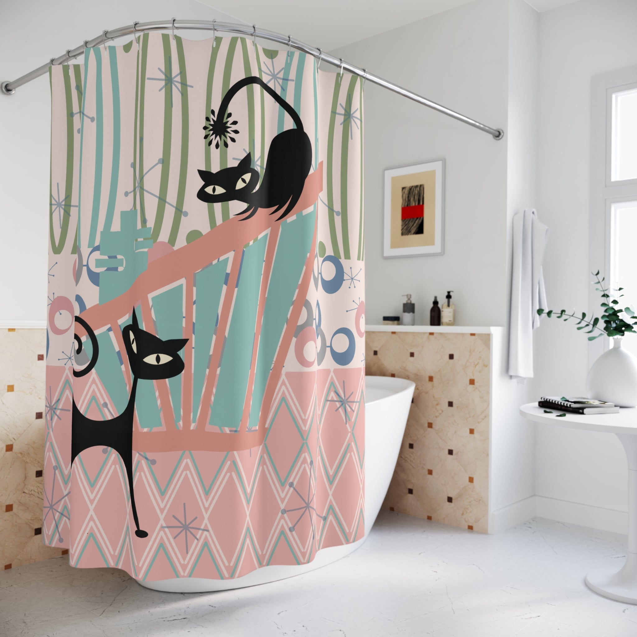 Kate McEnroe New York Kitschy Atomic Cat Shower Curtain, Retro 1950s MCM Bath DecorShower Curtains26175674228548713750