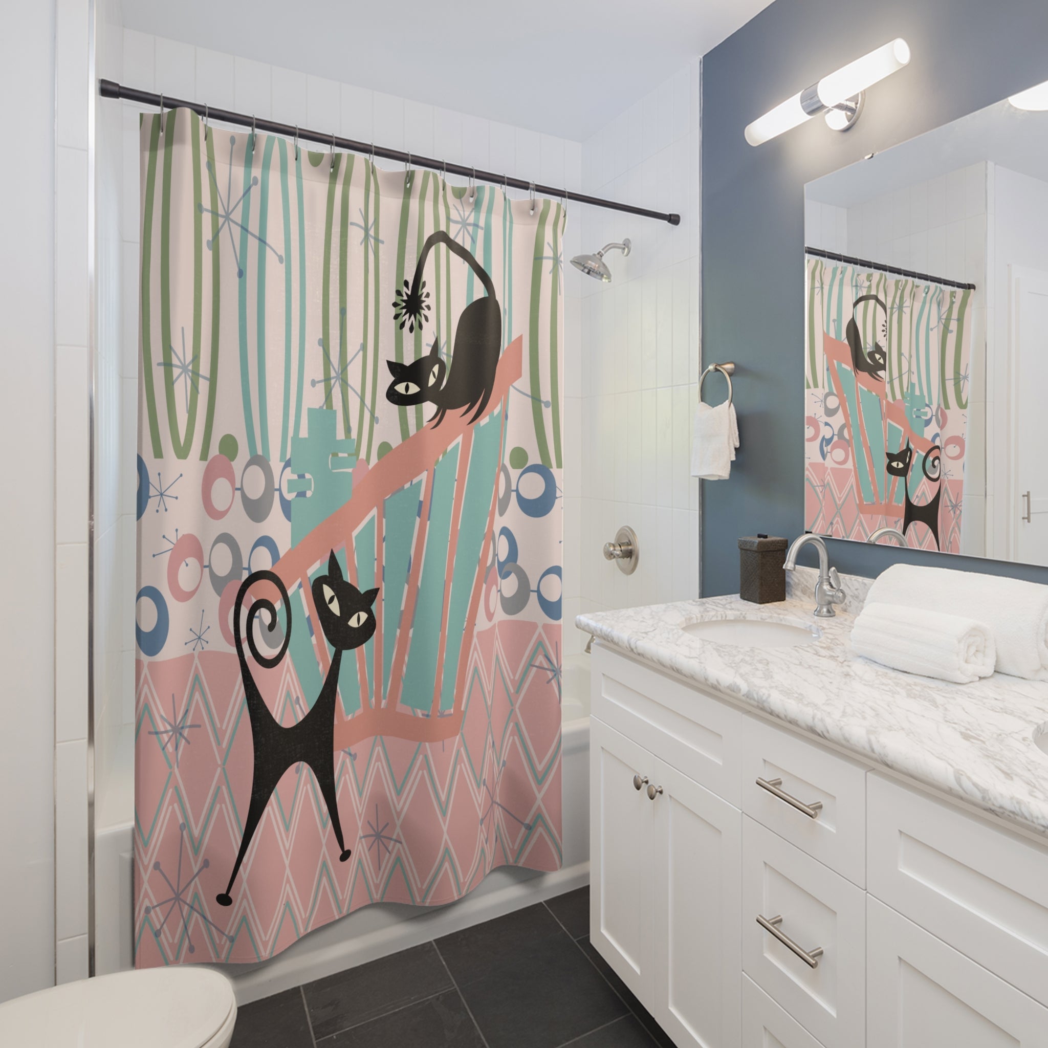 Kate McEnroe New York Kitschy Atomic Cat Shower Curtain, Retro 1950s MCM Bath DecorShower Curtains26175674228548713750