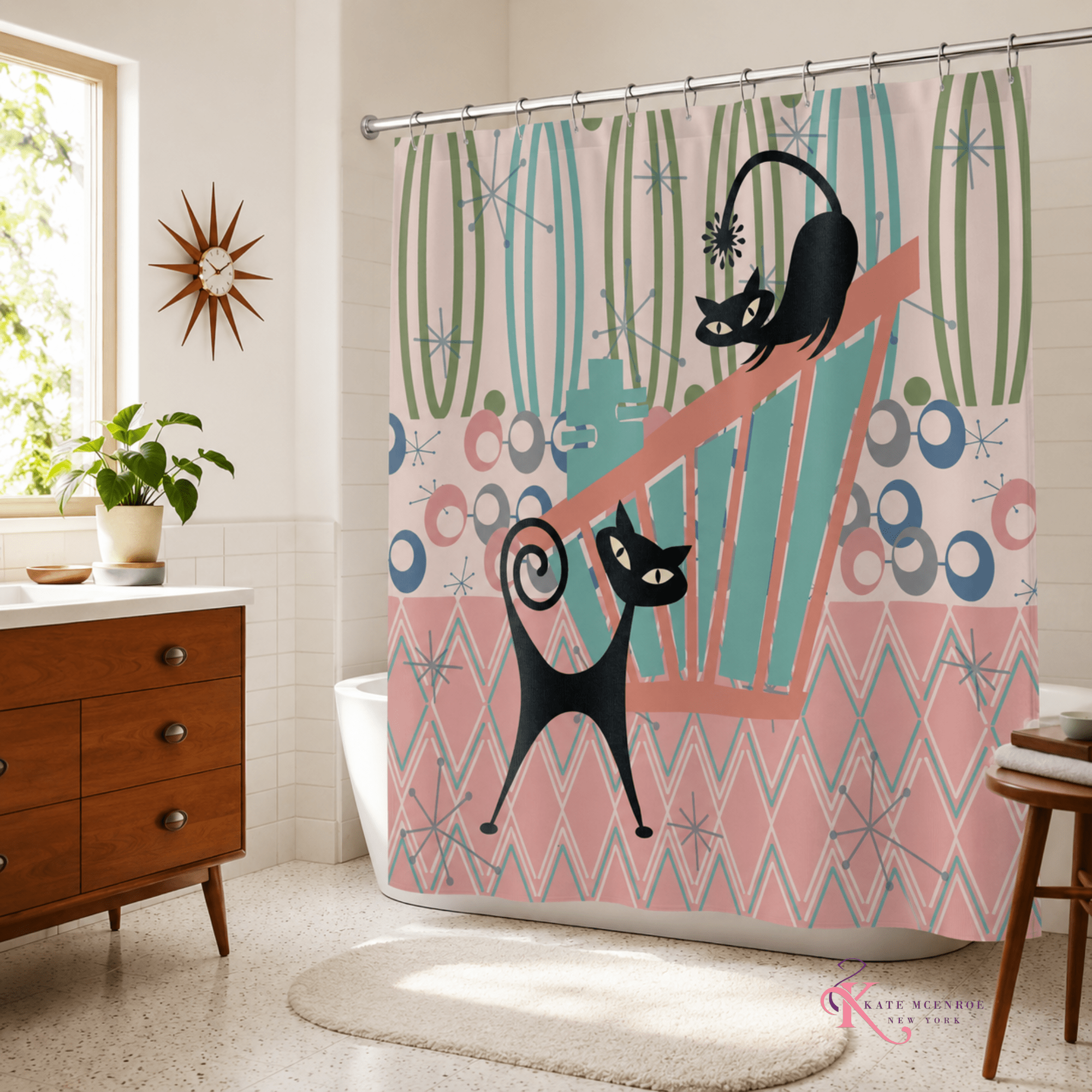 Kate McEnroe New York Kitschy Atomic Cat Shower Curtain, Retro 1950s MCM Bath DecorShower Curtains26175674228548713750