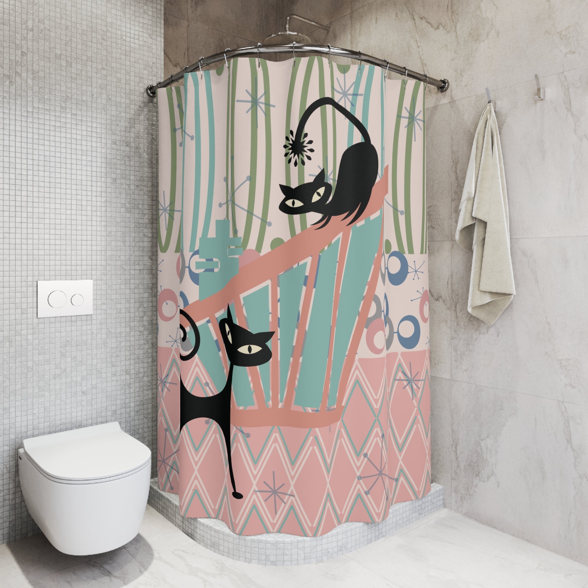 Kate McEnroe New York Kitschy Atomic Cat Shower Curtain, Retro 1950s MCM Bath DecorShower Curtains26175674228548713750