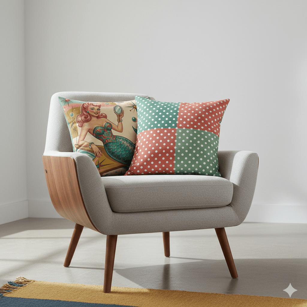 Kate McEnroe New York Kitschy Mermaid Retro Polka Dots Mid Century Modern Throw PillowThrow Pillows32285181844658160822