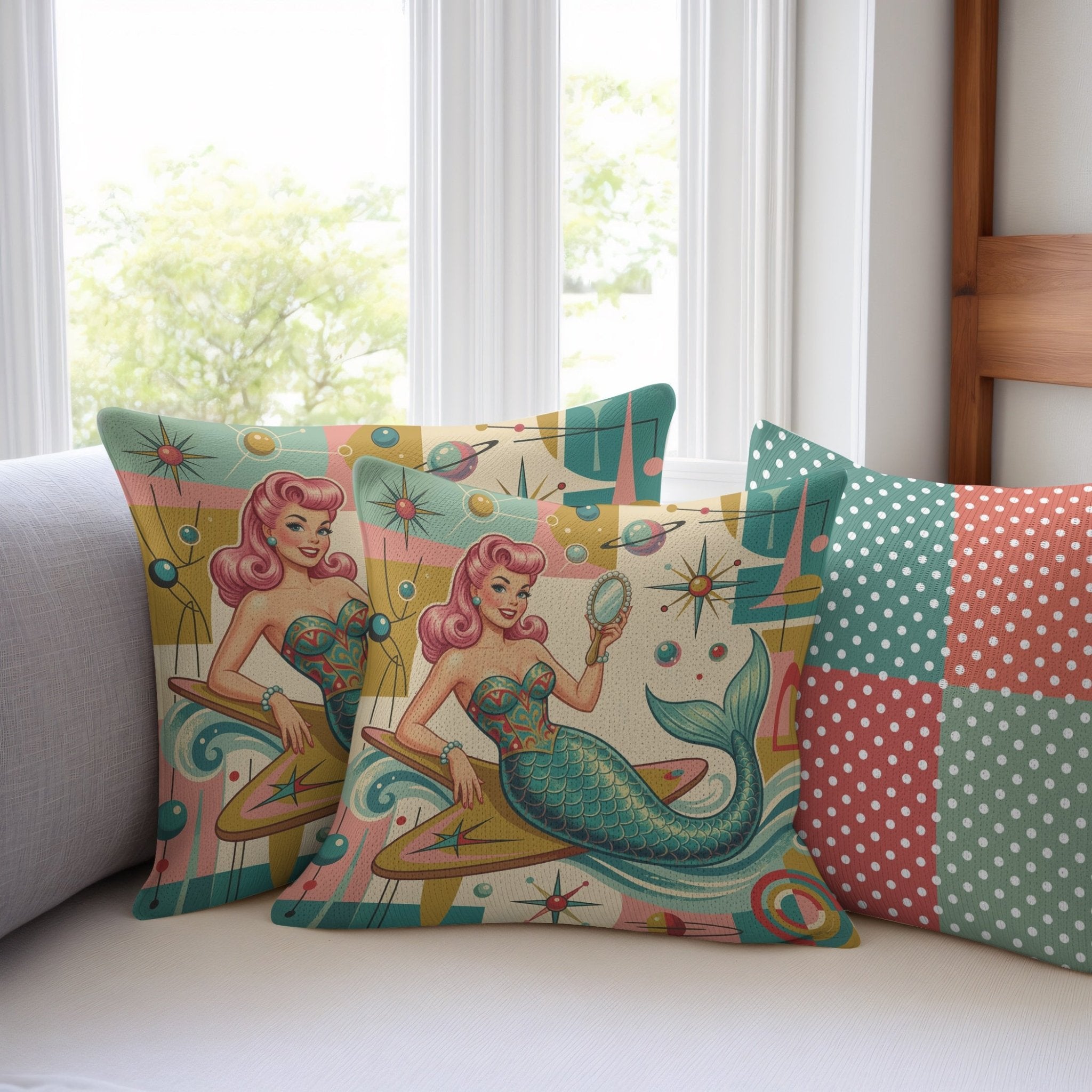 Kate McEnroe New York Kitschy Mermaid Retro Polka Dots Mid Century Modern Throw PillowThrow Pillows32285181844658160822