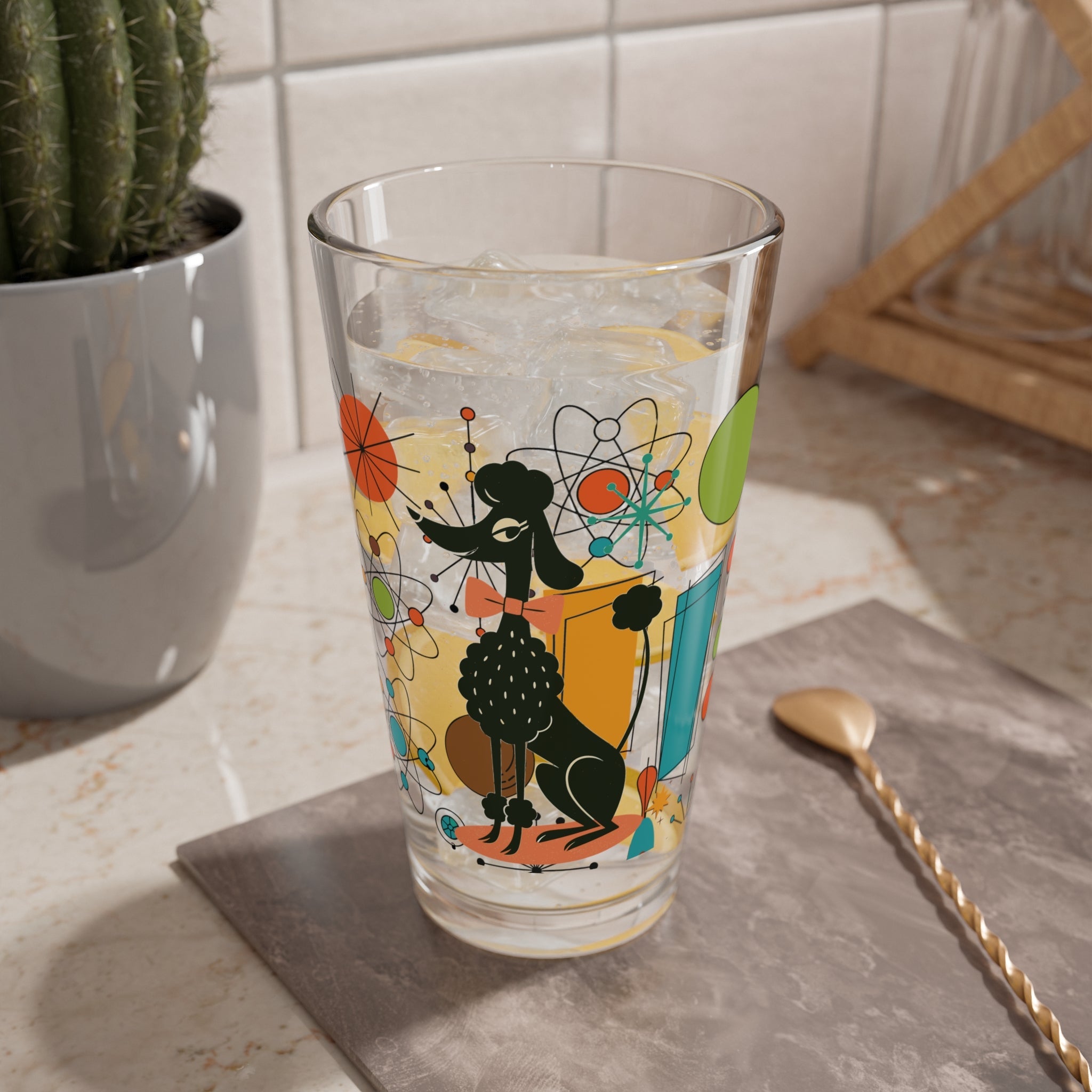 Kate McEnroe New York Kitschy Poodle Atomic Starburst Pint Glass, Mid Century Modern Mod Dog Barware, 50s Retro Cocktail Glass, MCM Orbit DrinkwarePint Glasses92250809554591021638