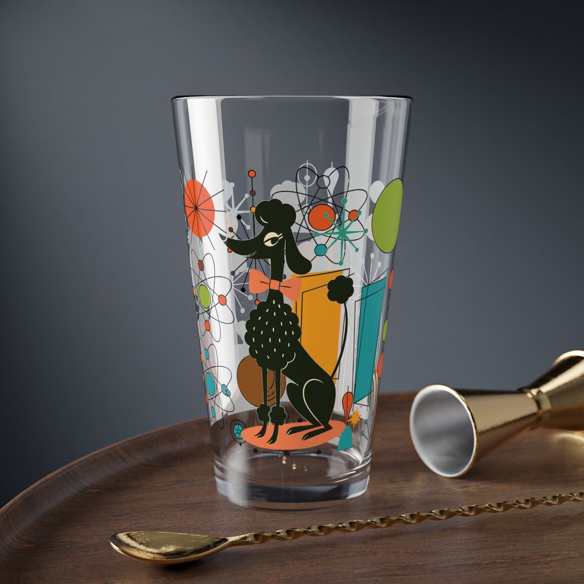 Kate McEnroe New York Kitschy Poodle Atomic Starburst Pint Glass, Mid Century Modern Mod Dog Barware, 50s Retro Cocktail Glass, MCM Orbit DrinkwarePint Glasses92250809554591021638