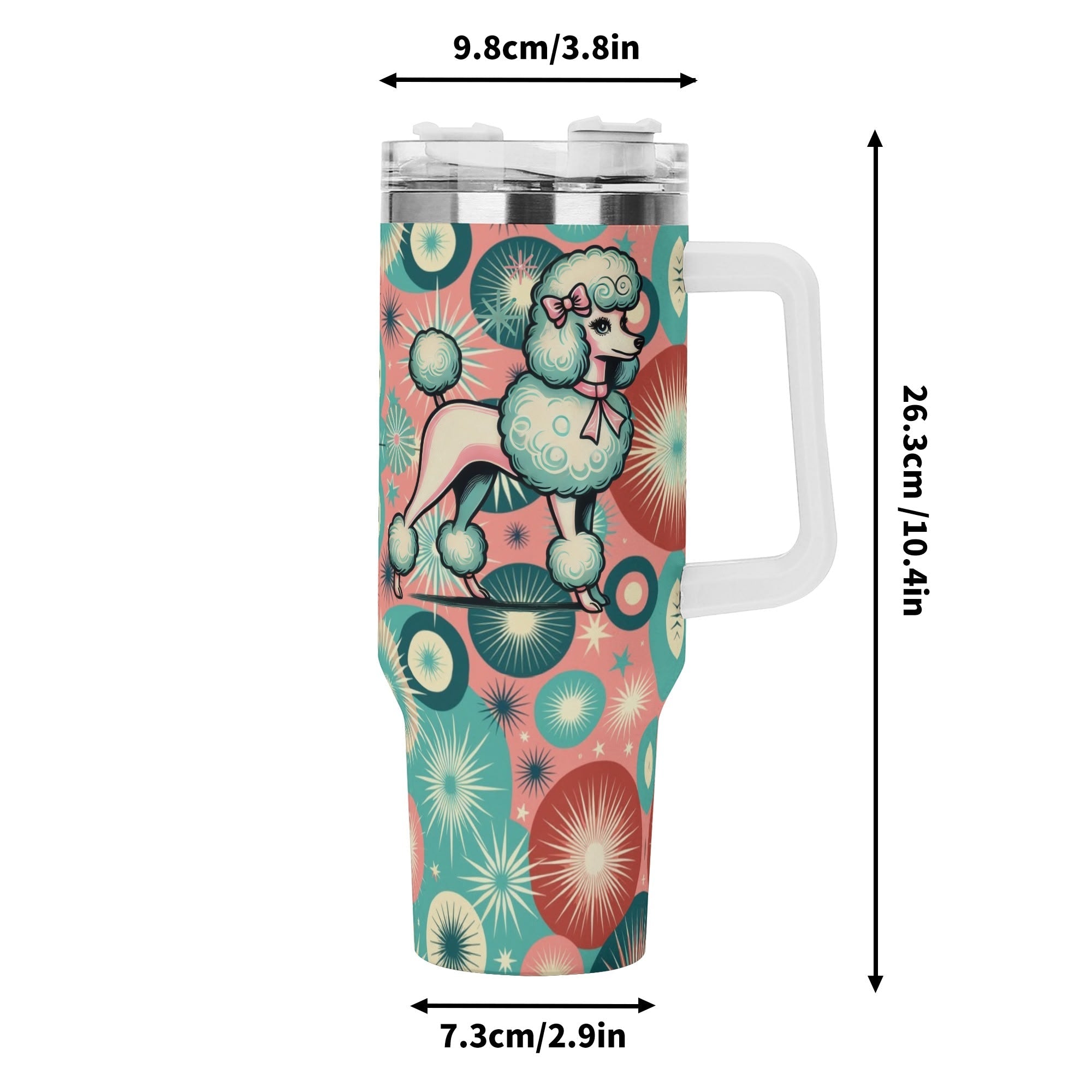Kate McEnroe New York Kitschy Poodle Atomic Starburst Tumbler, Mid Century Modern Pink Teal Drinkware, Retro Travel MugTumblersW396OVMW - 1
