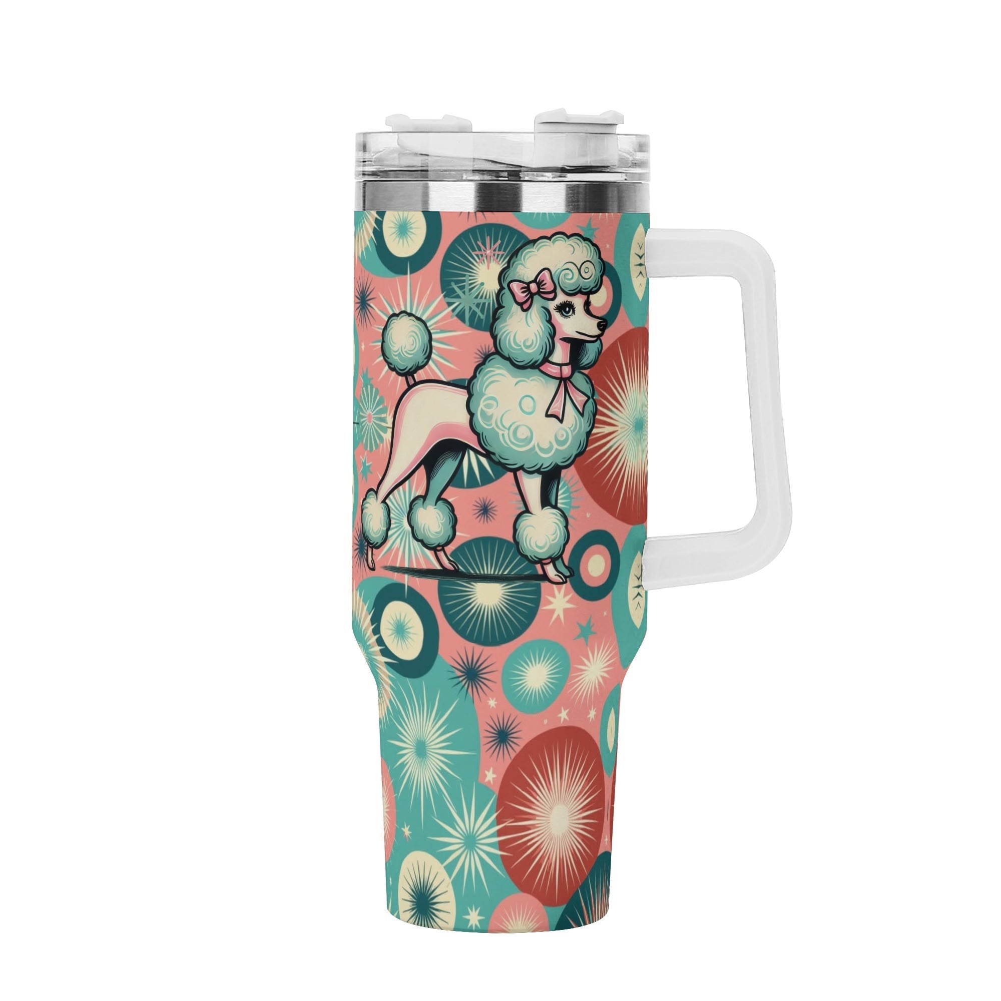 Kate McEnroe New York Kitschy Poodle Atomic Starburst Tumbler, Mid Century Modern Pink Teal Drinkware, Retro Travel MugTumblersW396OVMW - 1