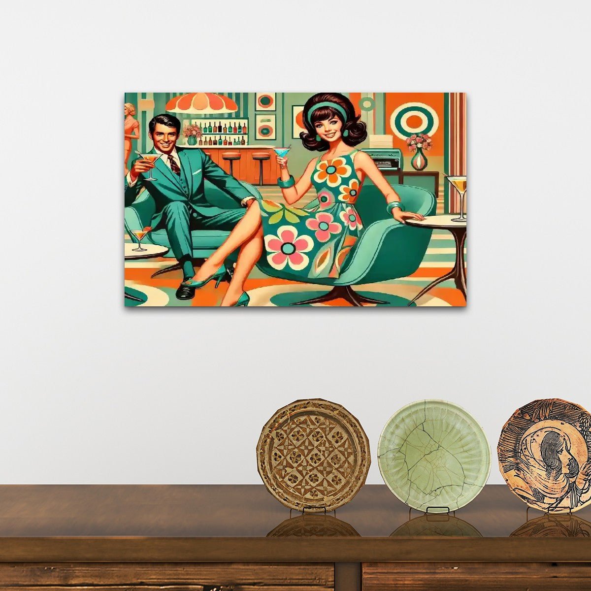 Kate McEnroe New York Kitschy Retro 60s Mod Cocktail Lounge Canvas Wall Art, Mid Century Modern Swanky Bar SceneCanvas Wall ArtvSgqiGm6h5