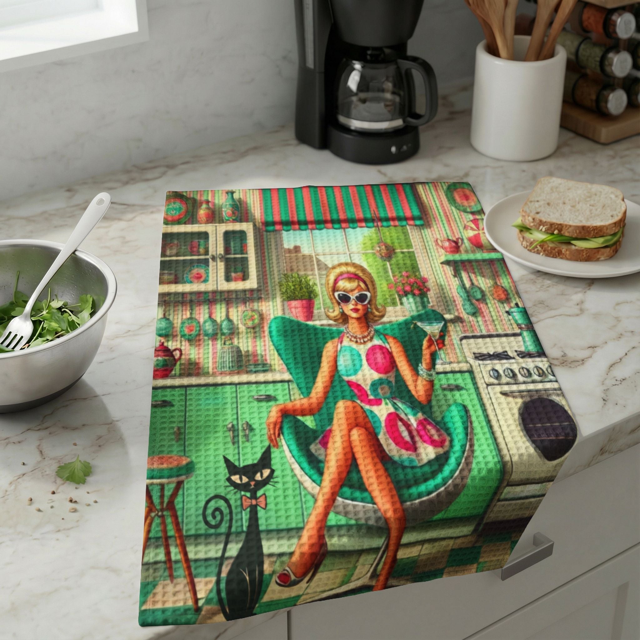Kate McEnroe New York Kitschy Retro Housewife Kitchen Towel, MCM Atomic Cat Waffle WeaveKitchen Towels26504963724719348794