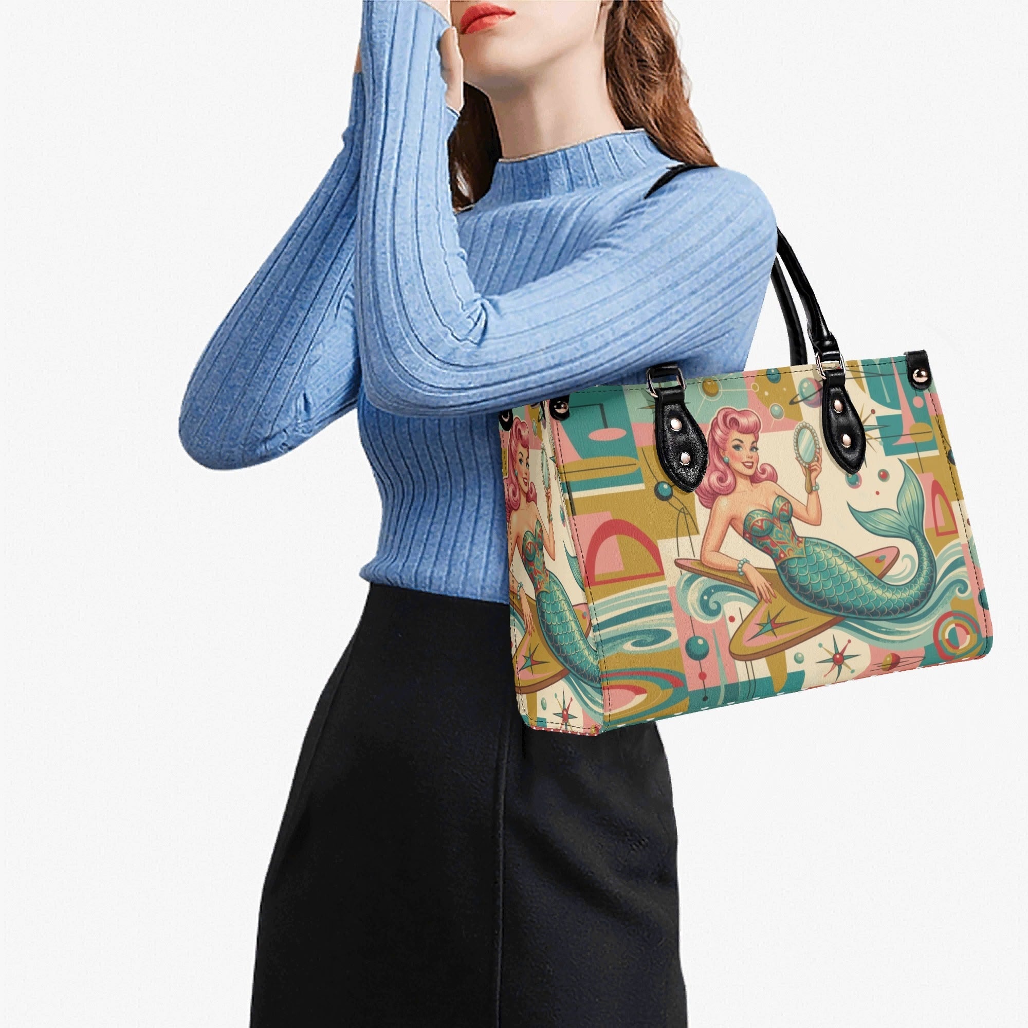 Kate McEnroe New York Kitschy Retro Mermaid Polka Dot Mid Century Modern SatchelHandbagsWDXP7Z2N-1
