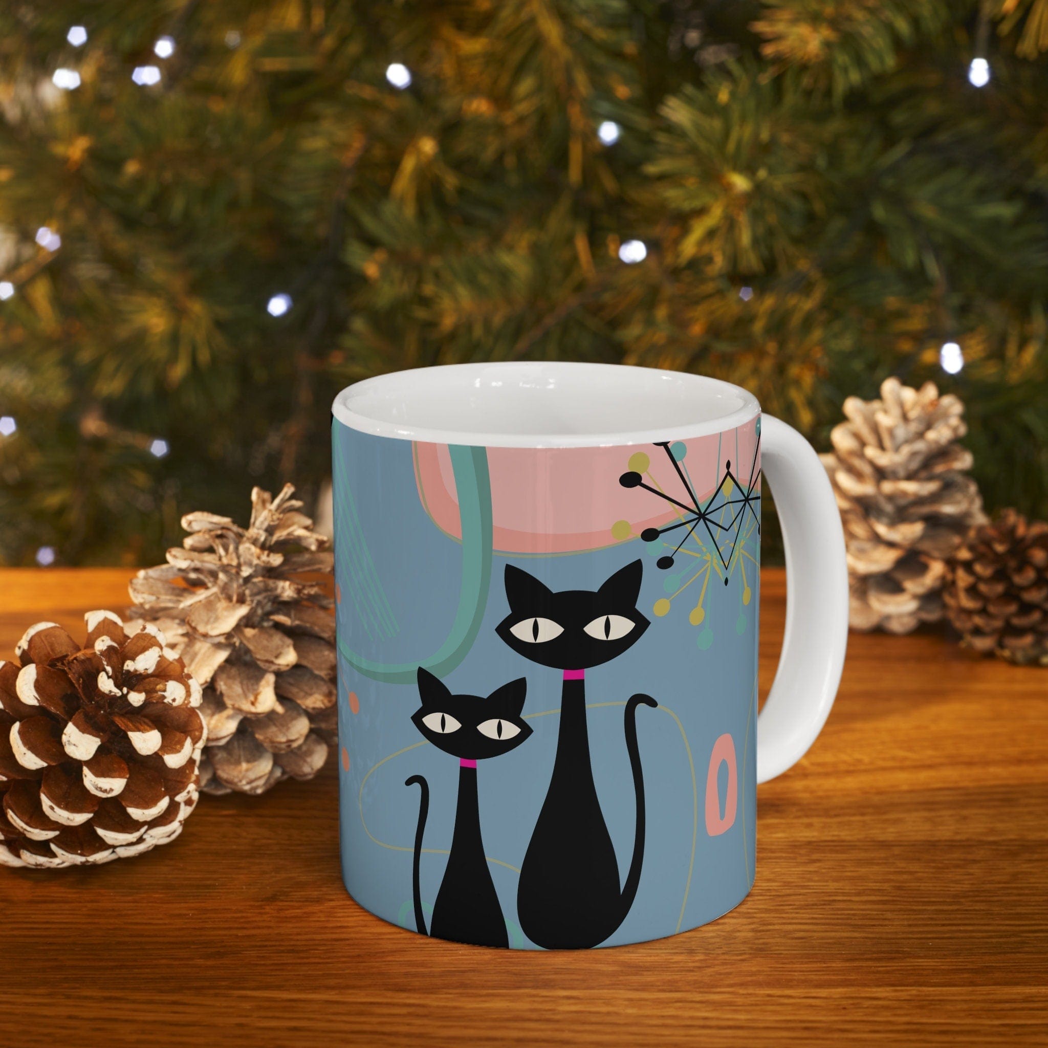 Kate McEnroe New York MCM Atomic Cat Ceramic Mug, 11oz Mid Century Modern, Aqua, Pink Boomerang Starbursts Coffee, Tea Drinkware - 127481923Mugs30165649032040287050